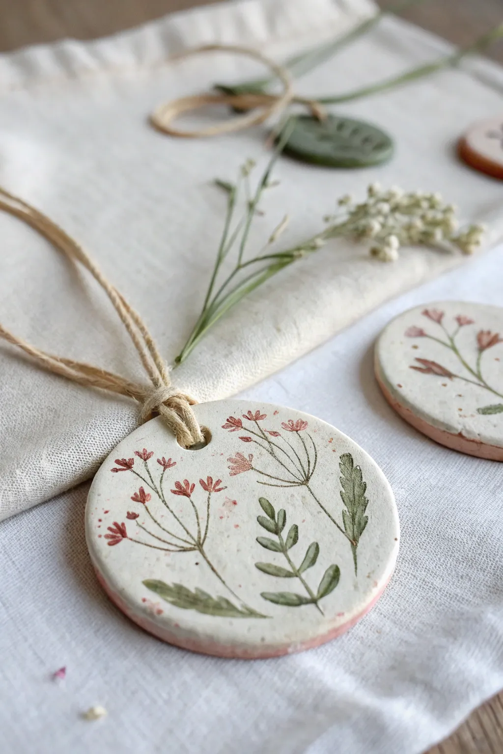 Soft air dry clay medallion with leaf and flower imprints, a simple nature craft for toddlers