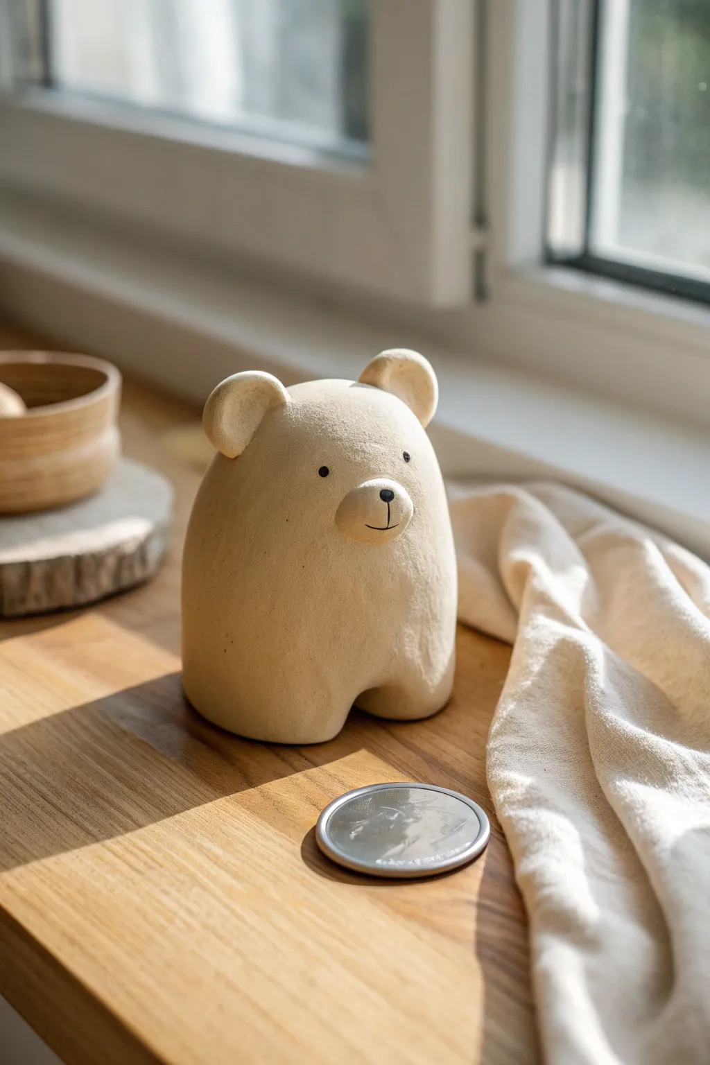 Tiny matte clay pocket buddy bear with simple details, styled minimalist and sized for a purse