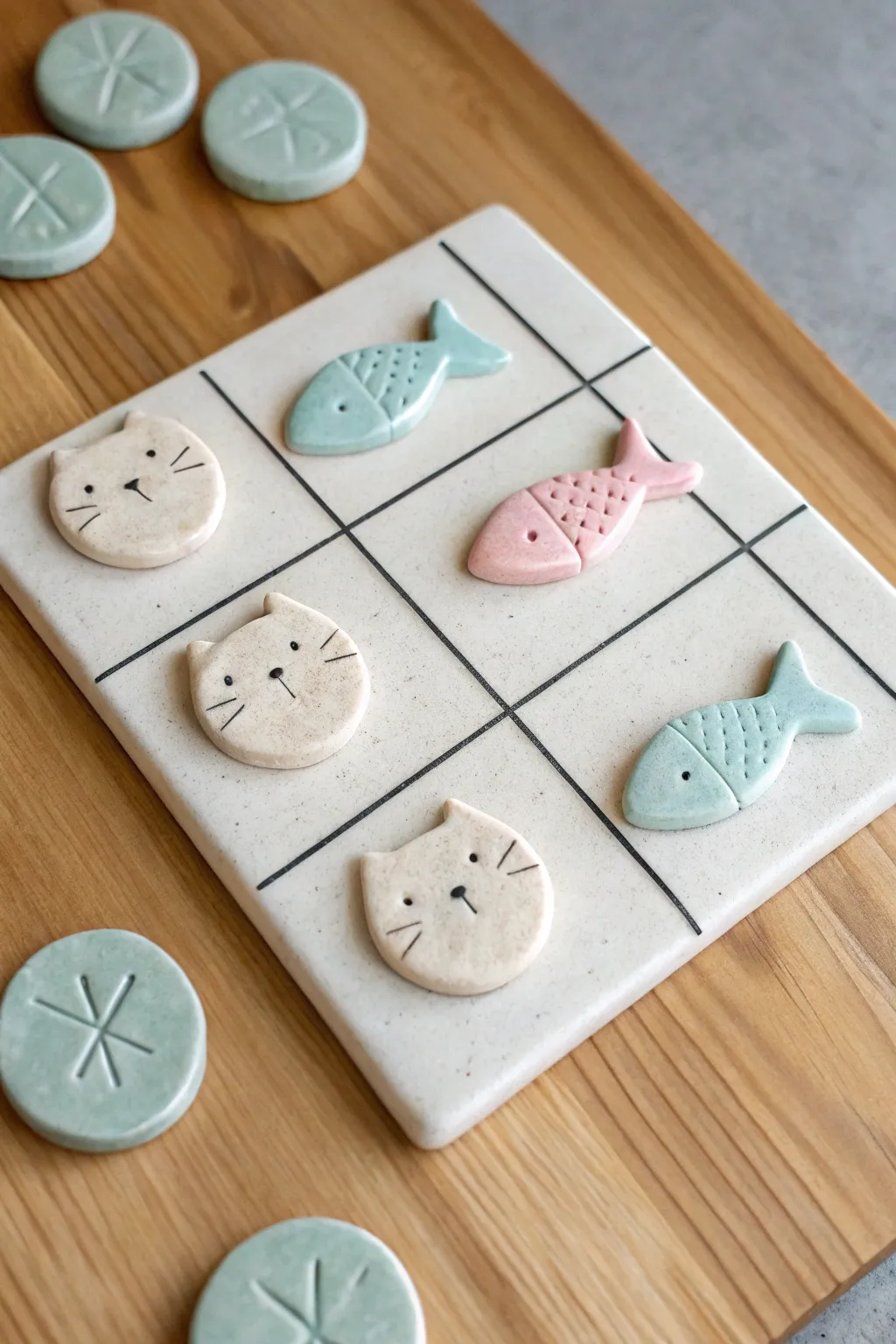 Sweet air dry clay tic tac toe set with cat faces and fish pieces in soft Scandinavian tones