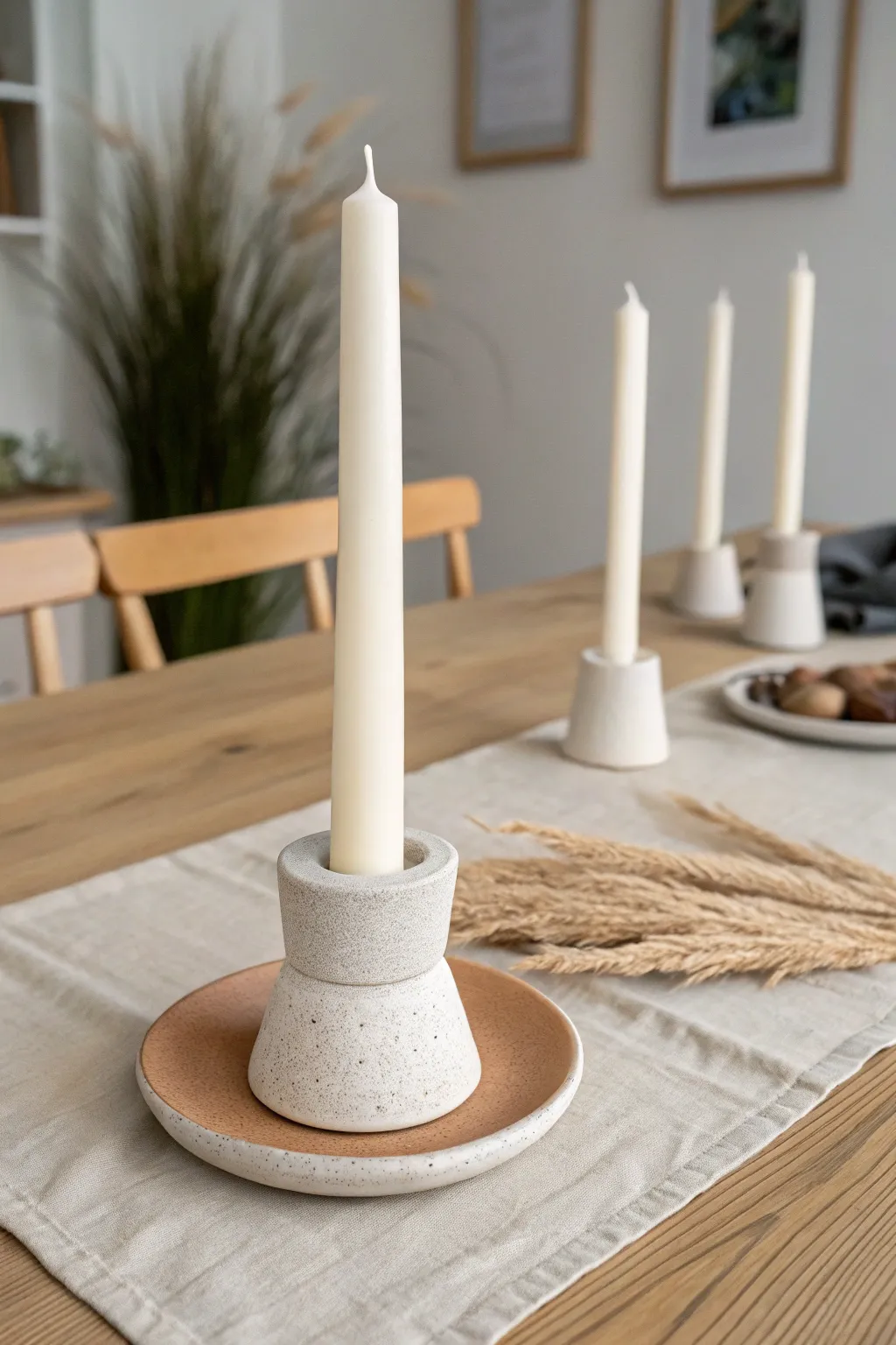Modern air dry clay taper holders to sell, minimalist Scandinavian style with a warm boho glow