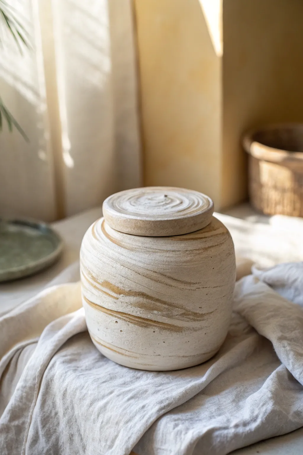 Pale marbled air dry clay jar with soft swirl bands, styled on linen in gentle daylight