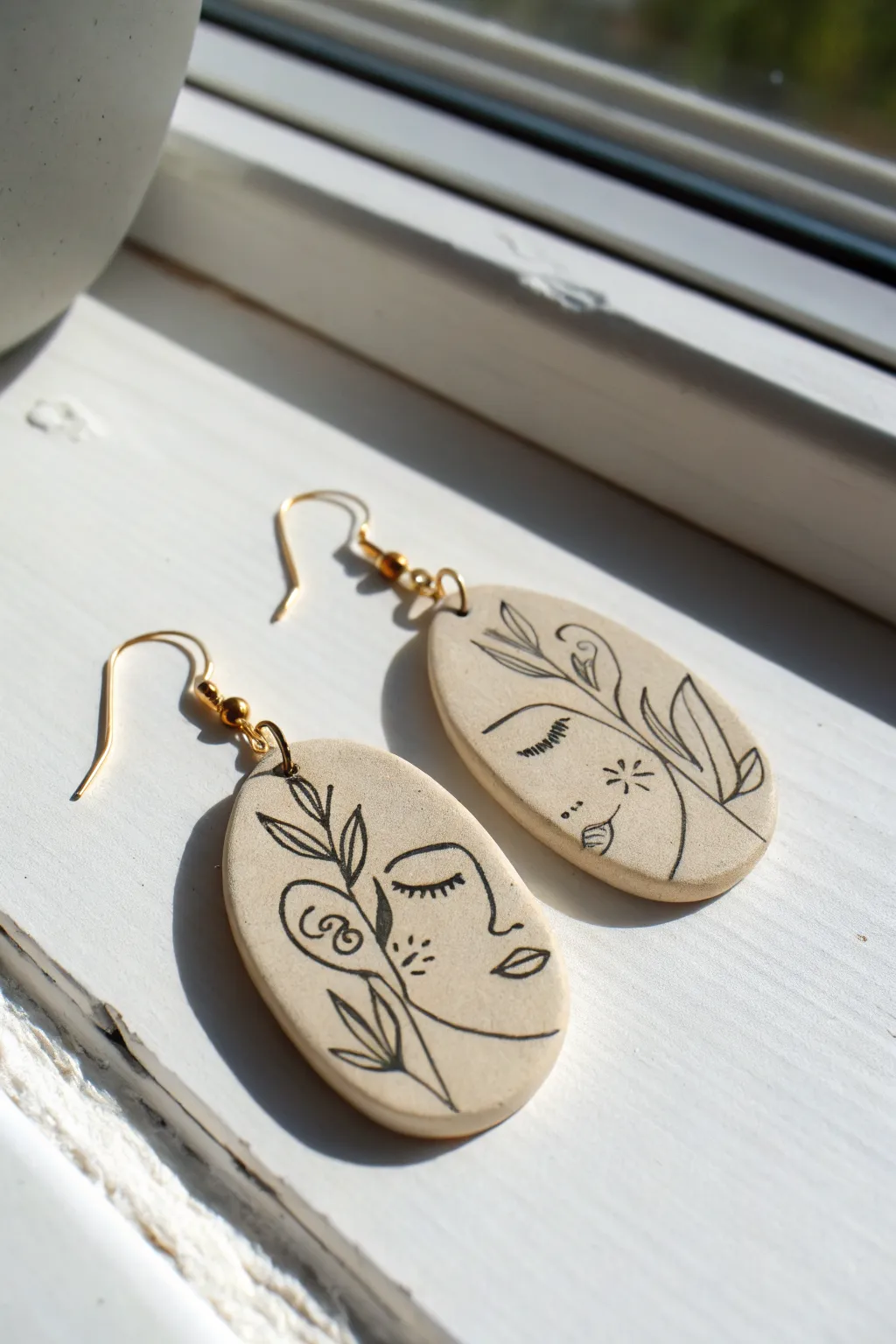 Minimal air-dry clay earrings with simple line-art paint, matte finish, clean Scandinavian styling.