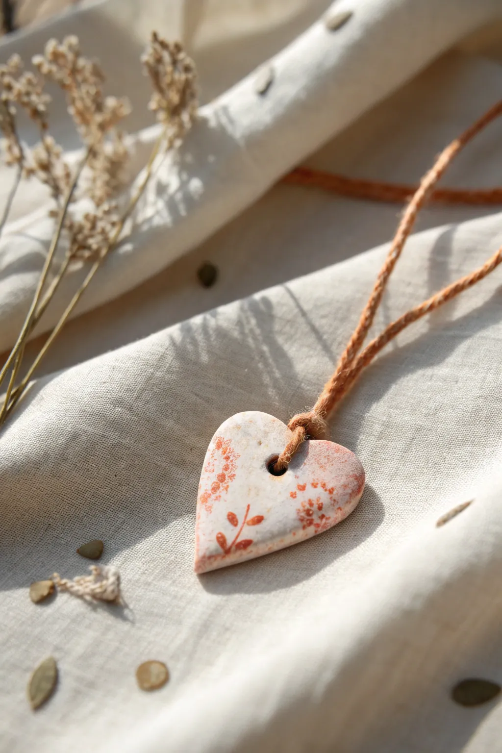 Simple air dry clay heart charm pendant with boho cord, styled on linen for cozy minimal vibes.