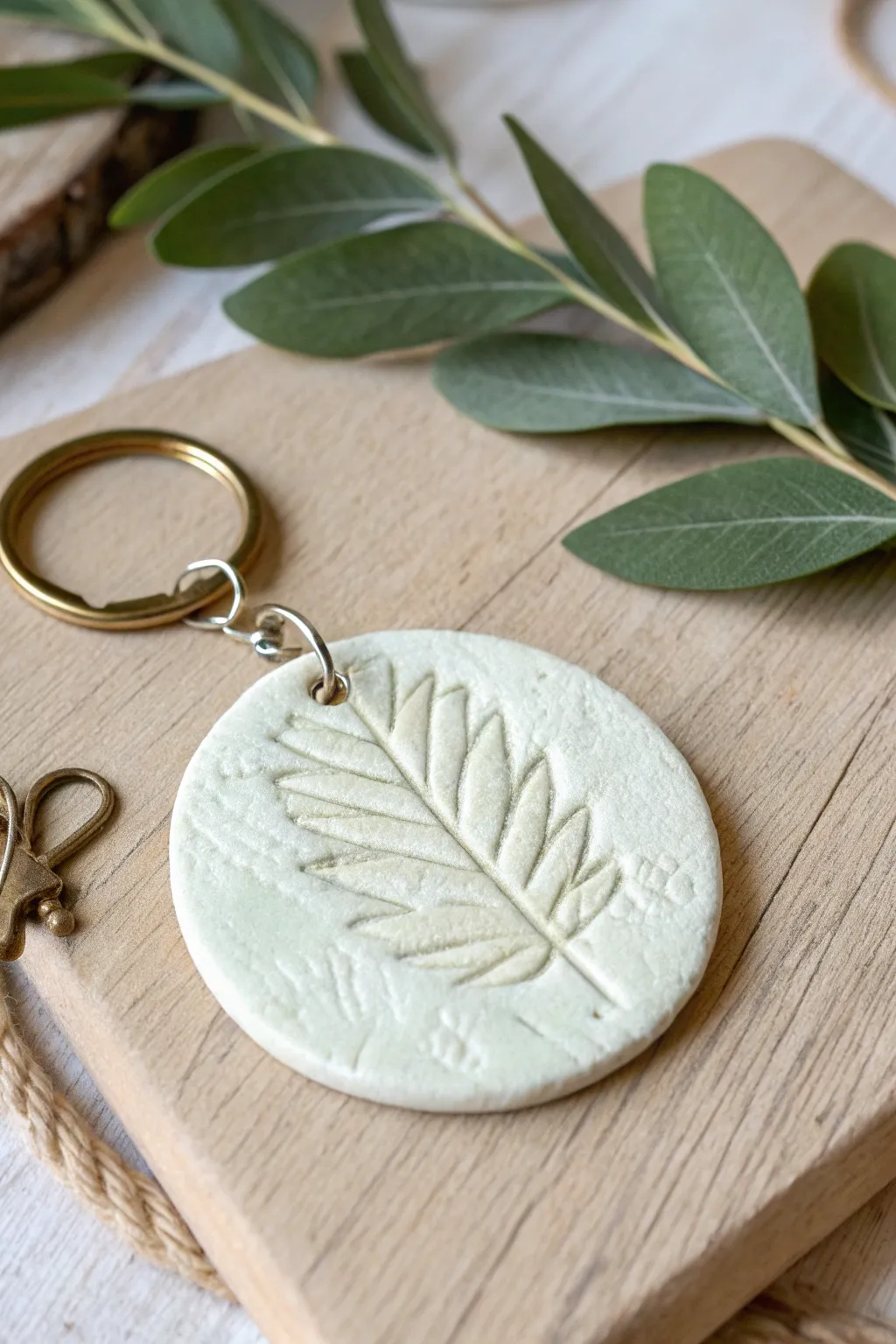 Minimal leaf-imprint air dry clay medallion keychain with softly painted veins and brass ring