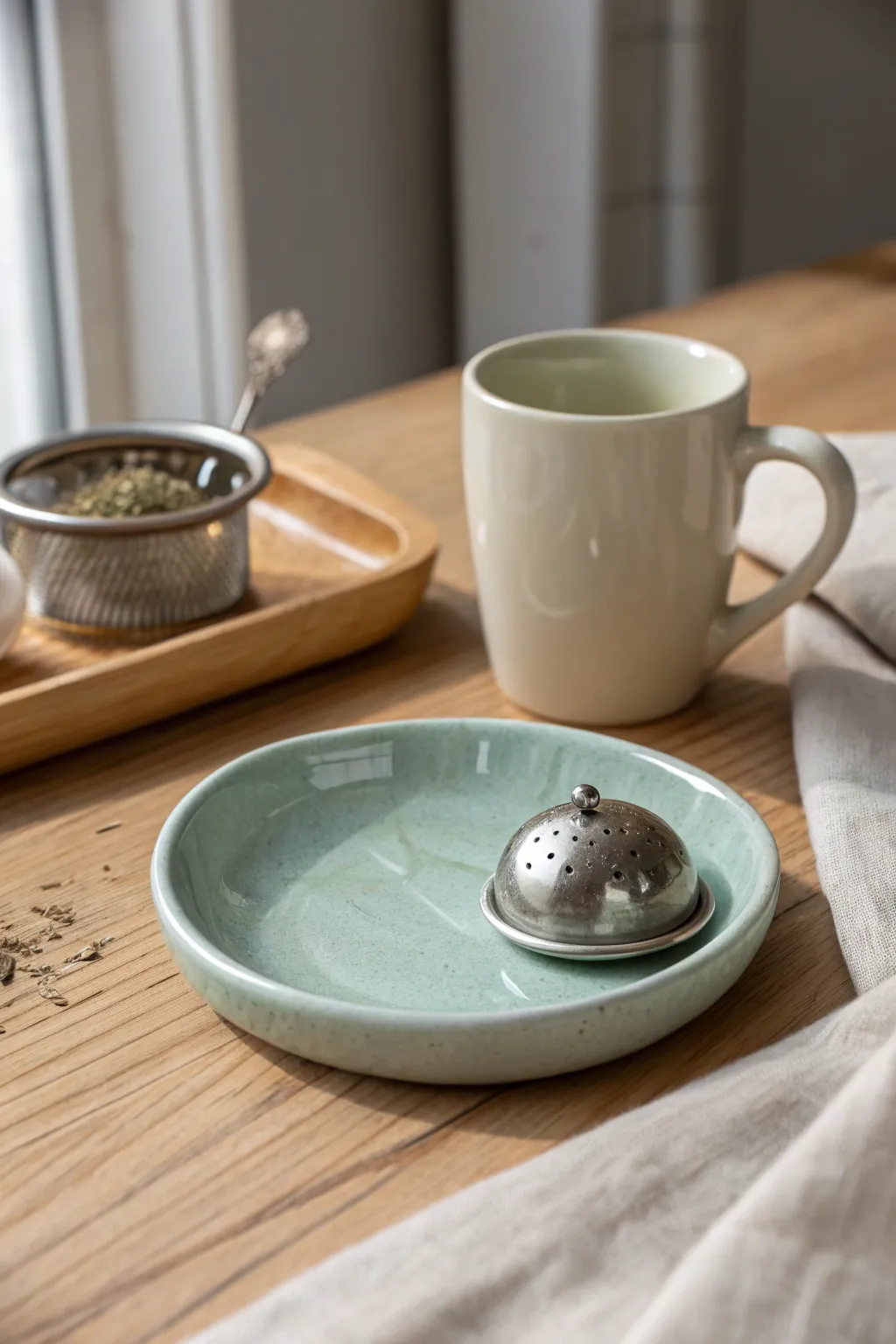 A glossy air dry clay tea bag holder that keeps counters clean with calm Scandinavian style.