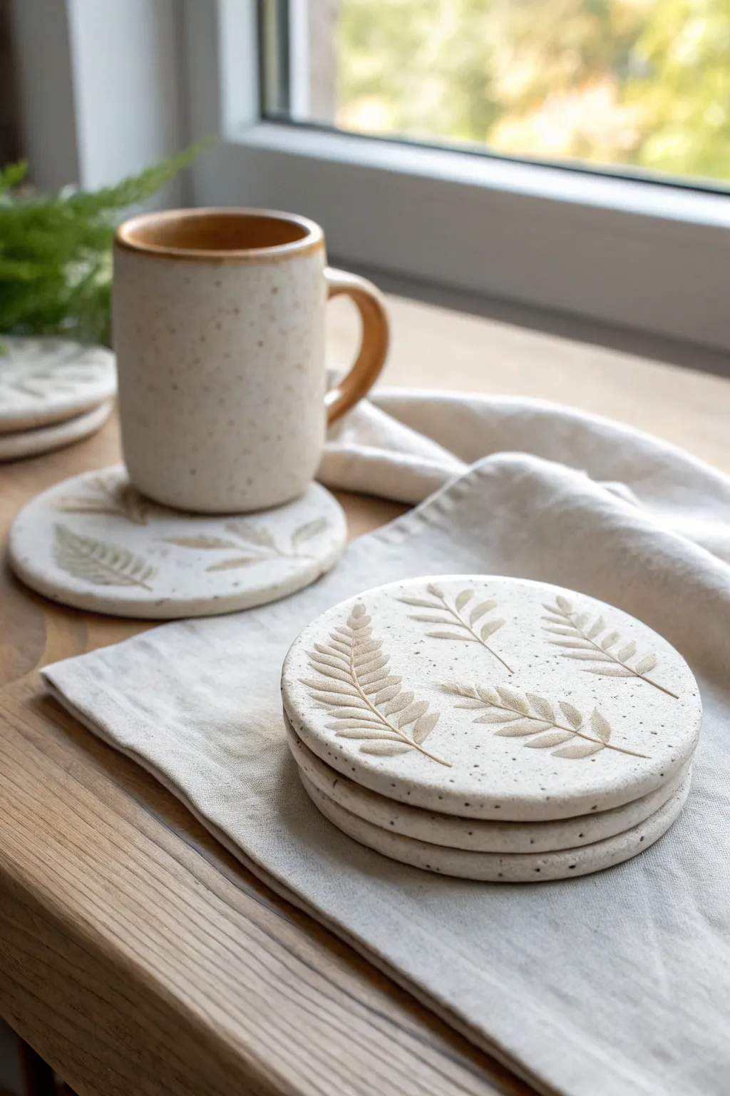Simple air dry clay leaf-imprint coasters, a cozy botanical Mothers Day gift set for her.