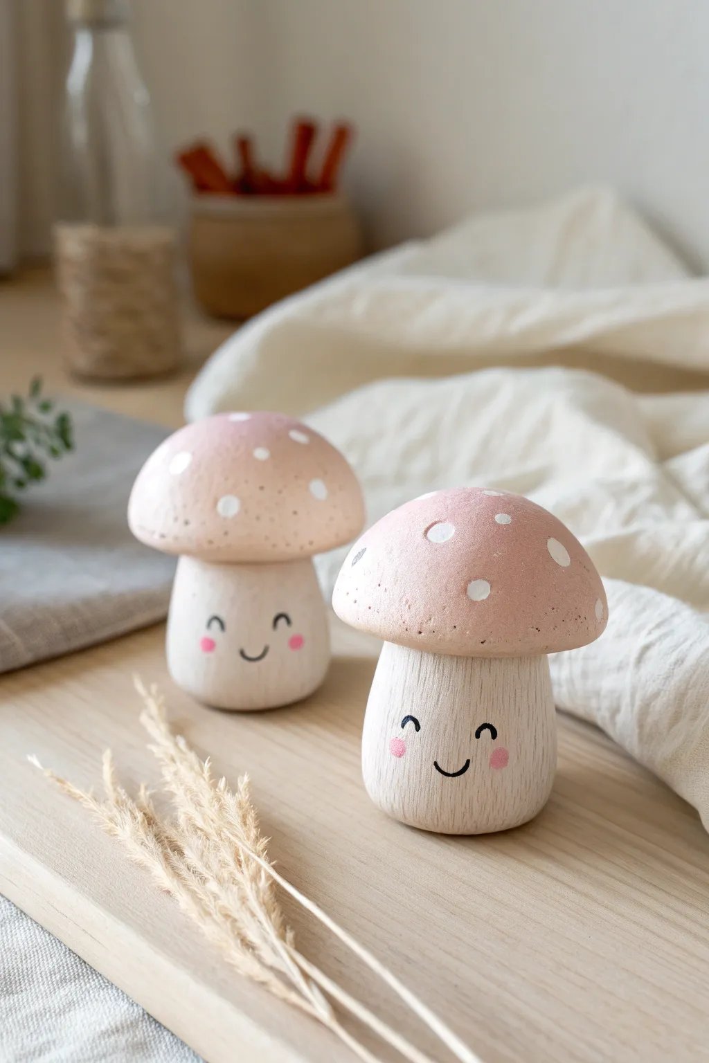 Sweet pastel clay mushroom buddies with tiny faces, perfect for a cozy minimalist desk