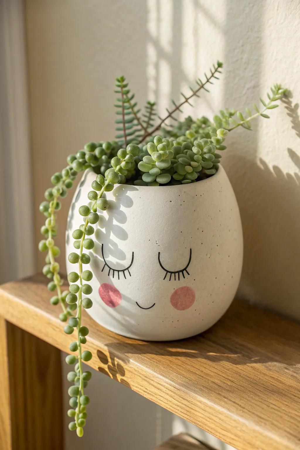 Sweet air dry clay face planter with closed eyes and trailing plant hair in soft neutrals