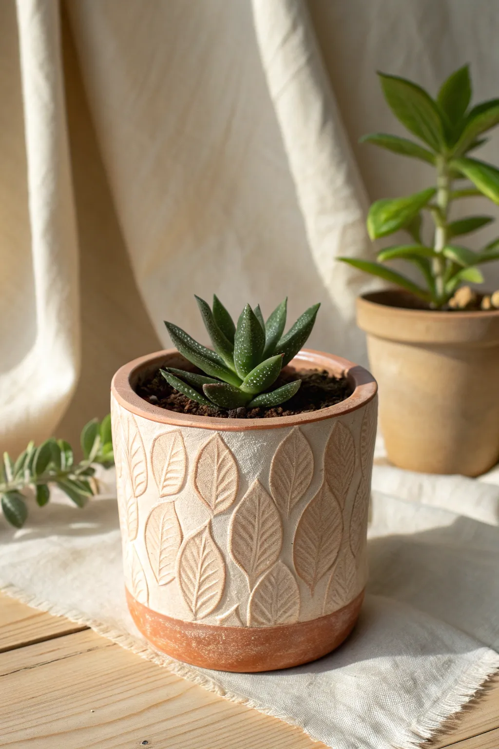 Leaf-imprint air dry clay pot with a soft earthy wash, styled minimalist with a fresh succulent.