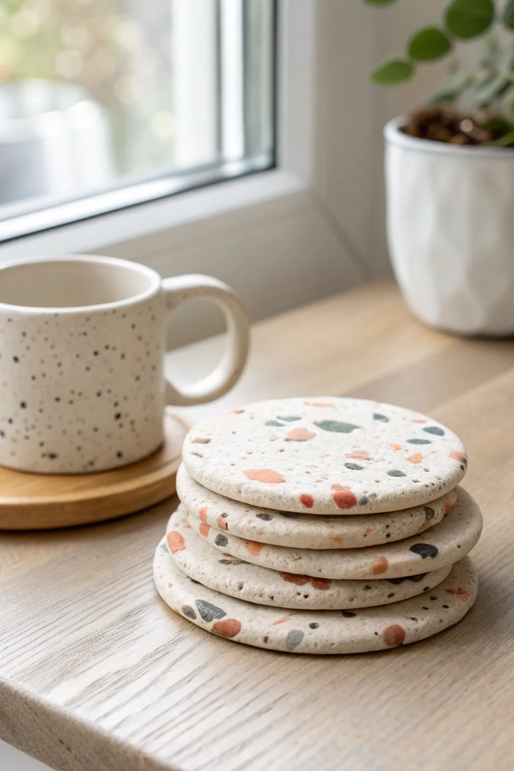 Terrazzo-speckled air-dry clay coaster stack for a cozy minimalist coffee moment.