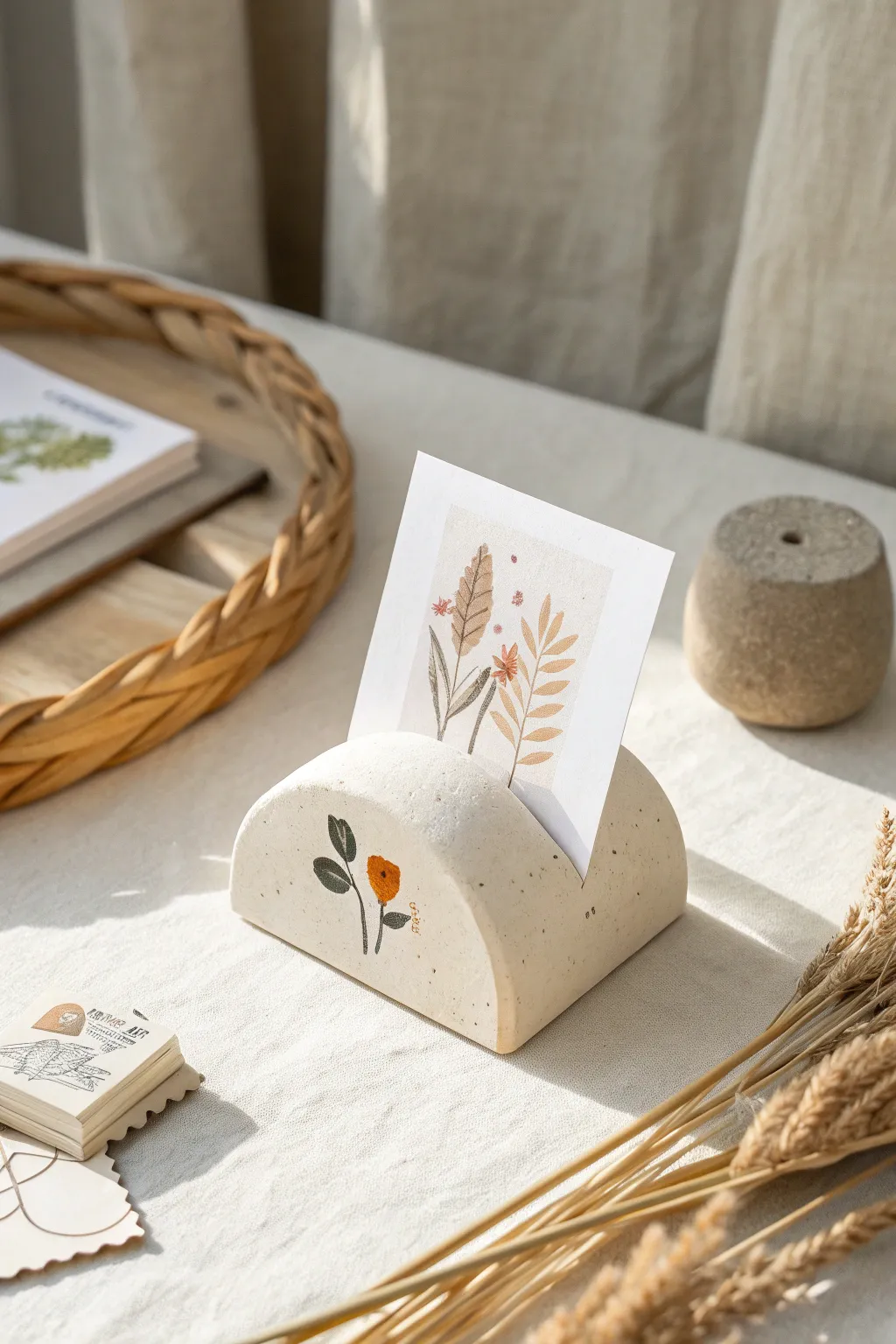 Minimal air-dry clay card holder in soft neutrals, perfect for photos, notes, and prints.