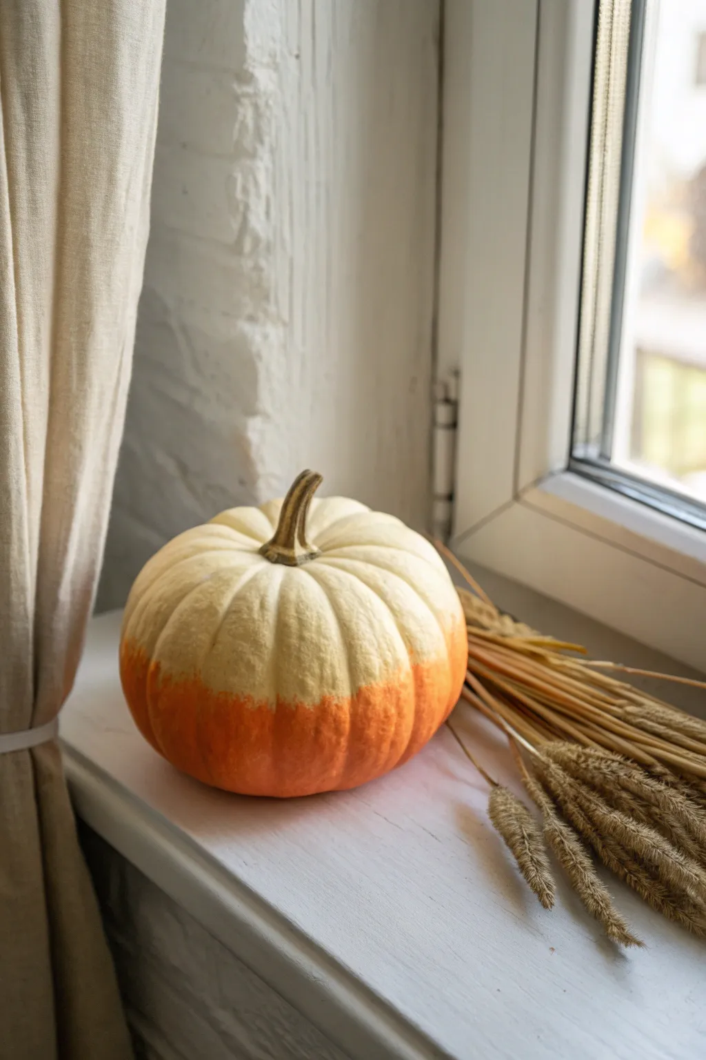 Soft ombre air-dry clay pumpkin decor that brings cozy fall color to a minimalist home