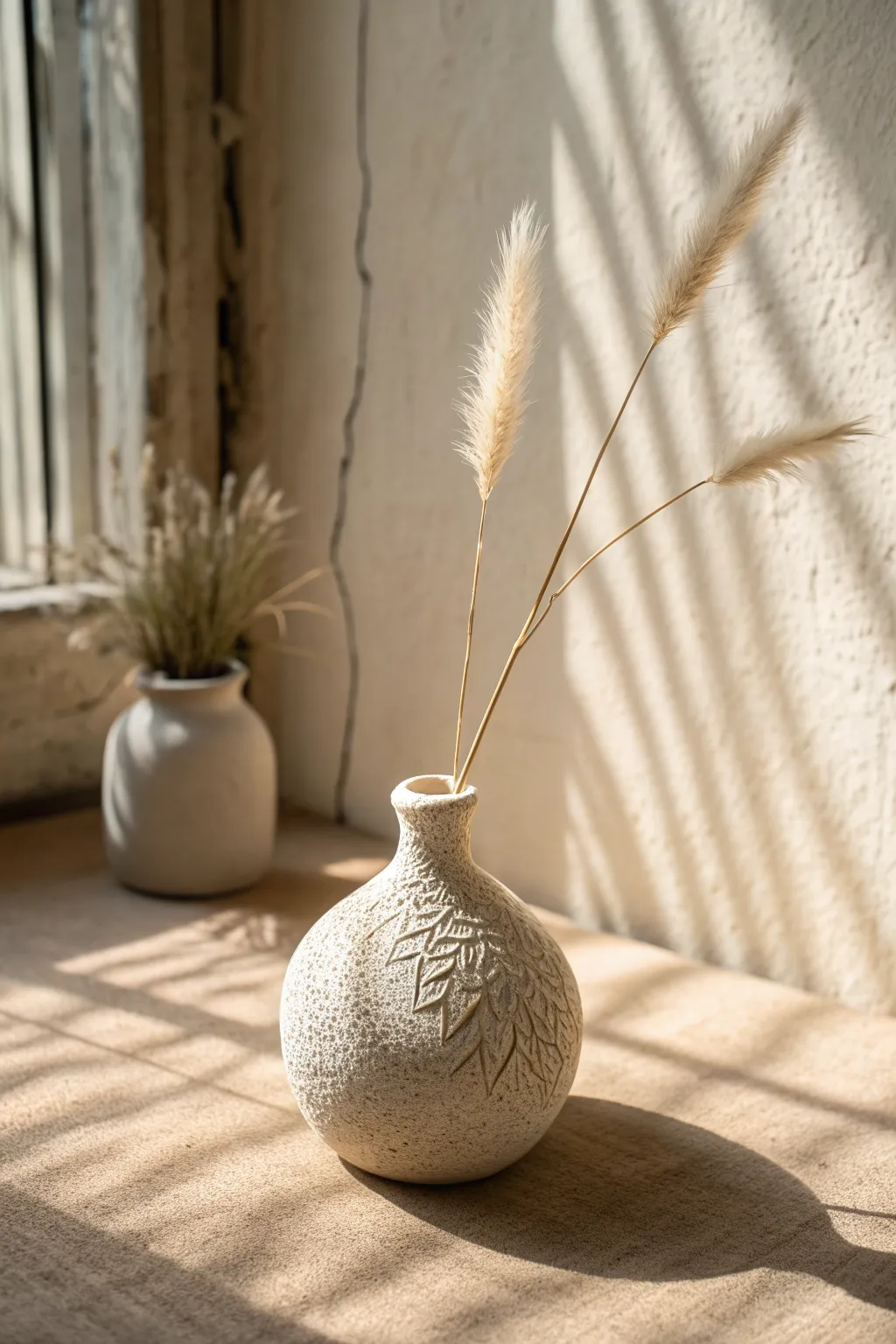 Textured air-dry clay bud vase with a single dried stem, minimalist Scandinavian boho charm.