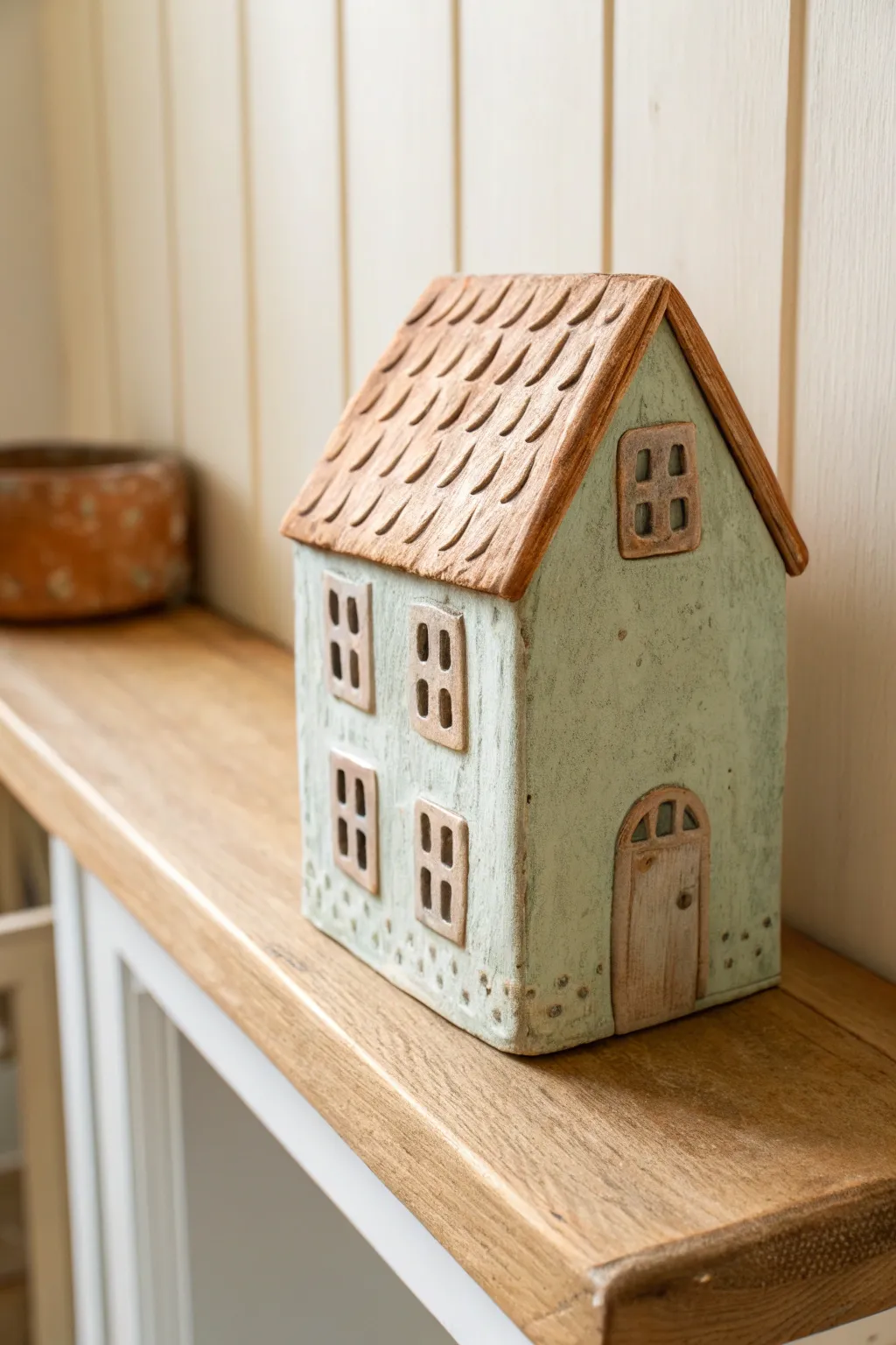 Mini air-dry clay house shelf sculpture in muted tones, cozy minimalist boho decor.