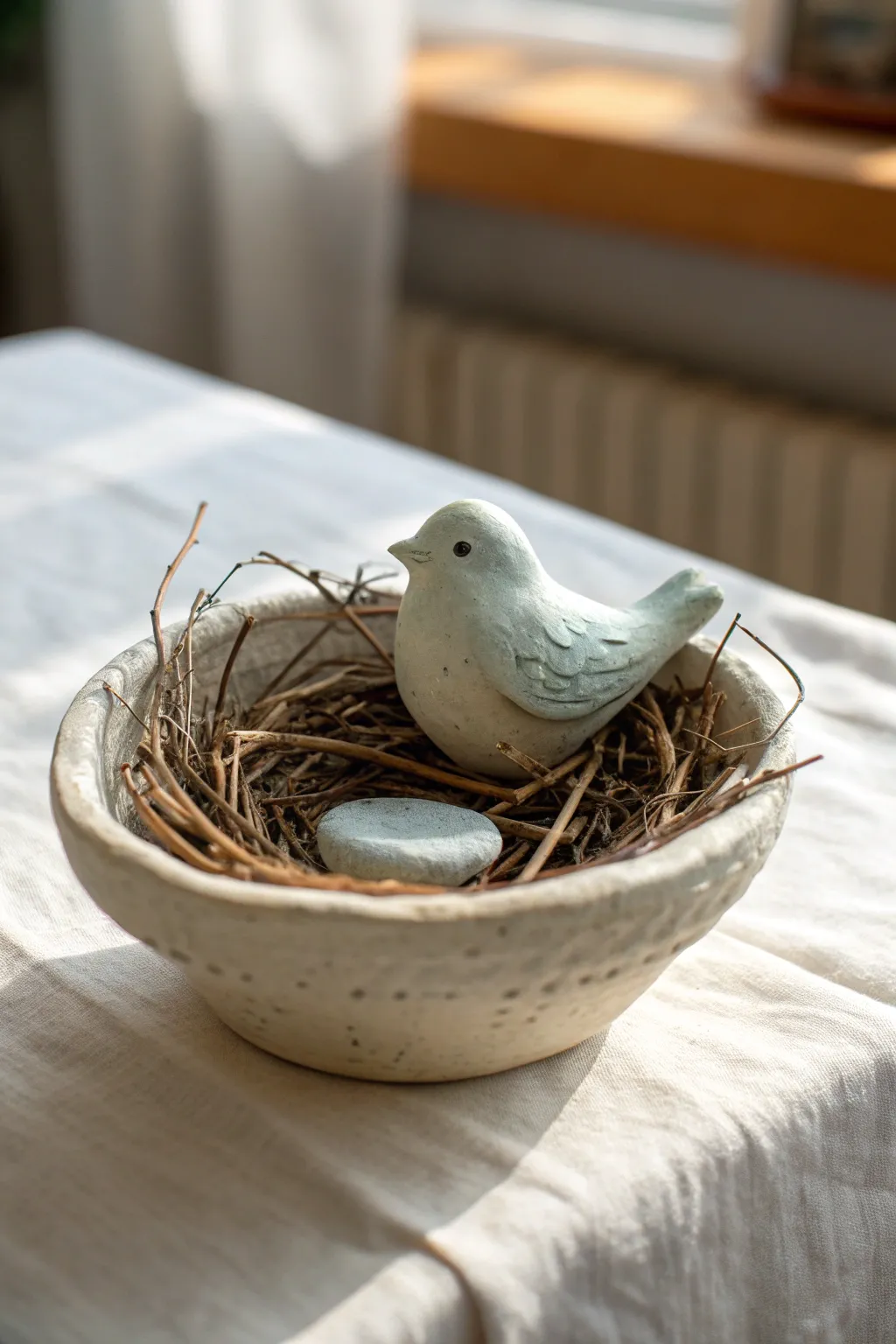 Sweet pastel clay bird in a twig-textured nest, styled simply with soft light and cozy contrast
