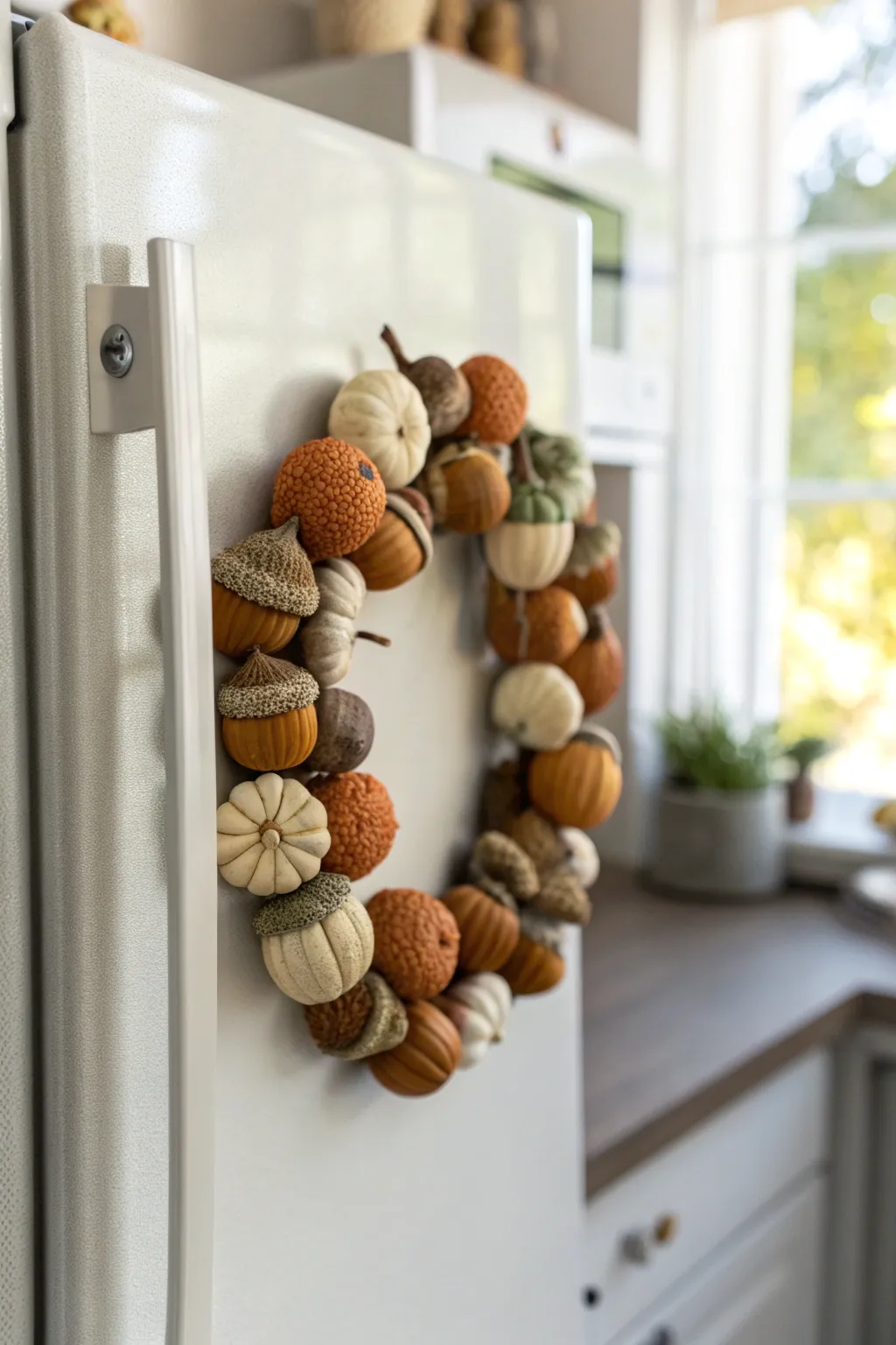 Air dry clay acorn and gourd magnets in cozy fall tones for a minimalist Thanksgiving touch