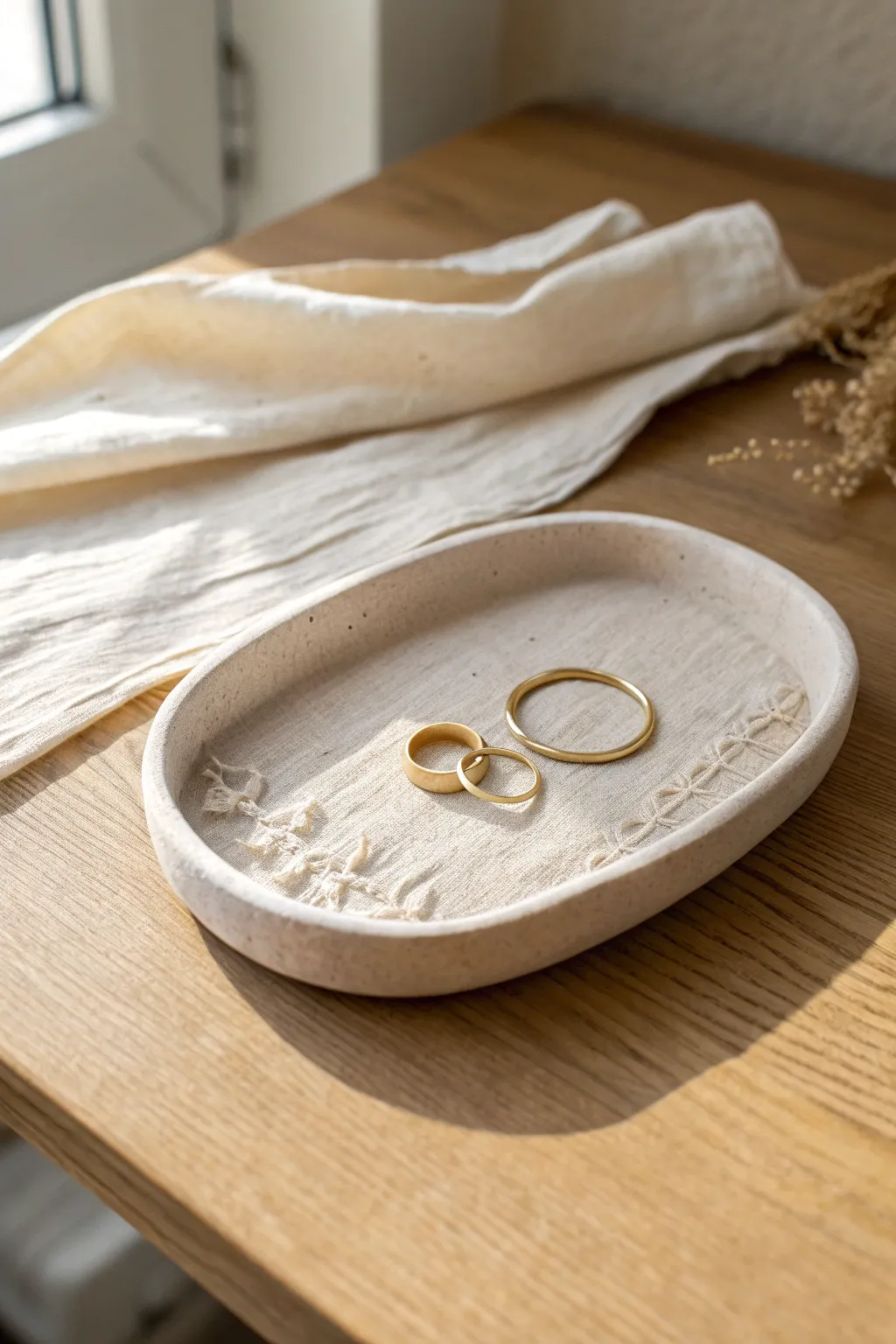 Minimal air dry clay tray with linen imprint texture, styled with rings for calm boho vibes