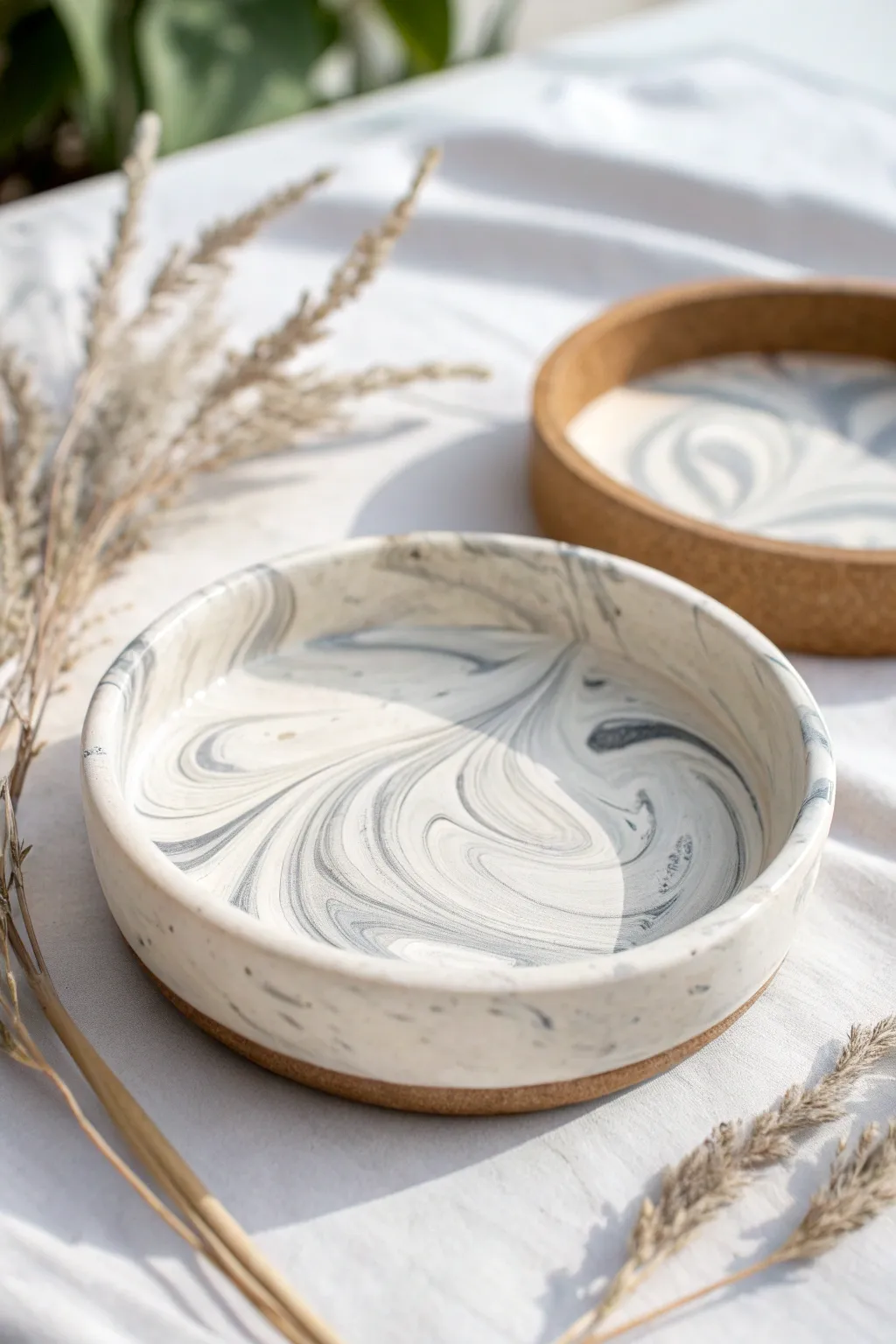 Easy marble swirl air dry clay trinket dish in minimalist Scandinavian style, crisp and chic.