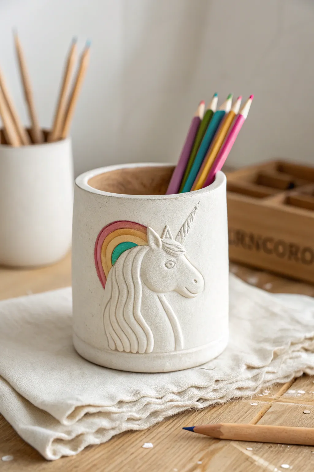Minimal unicorn clay pencil cup wrap with rainbow mane, a sweet Scandinavian desk accent.