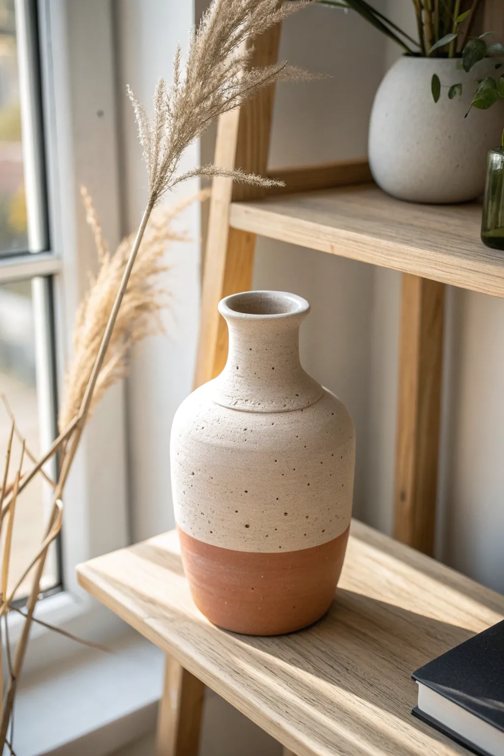 Minimal two-tone air-dry clay vase with crisp color blocks, perfect for a serene Scandinavian shelf.