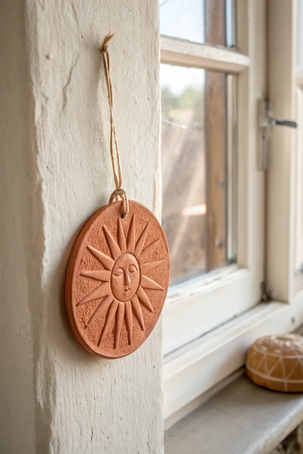 Warm terracotta sunburst clay medallion for an easy minimalist boho wall hanging idea