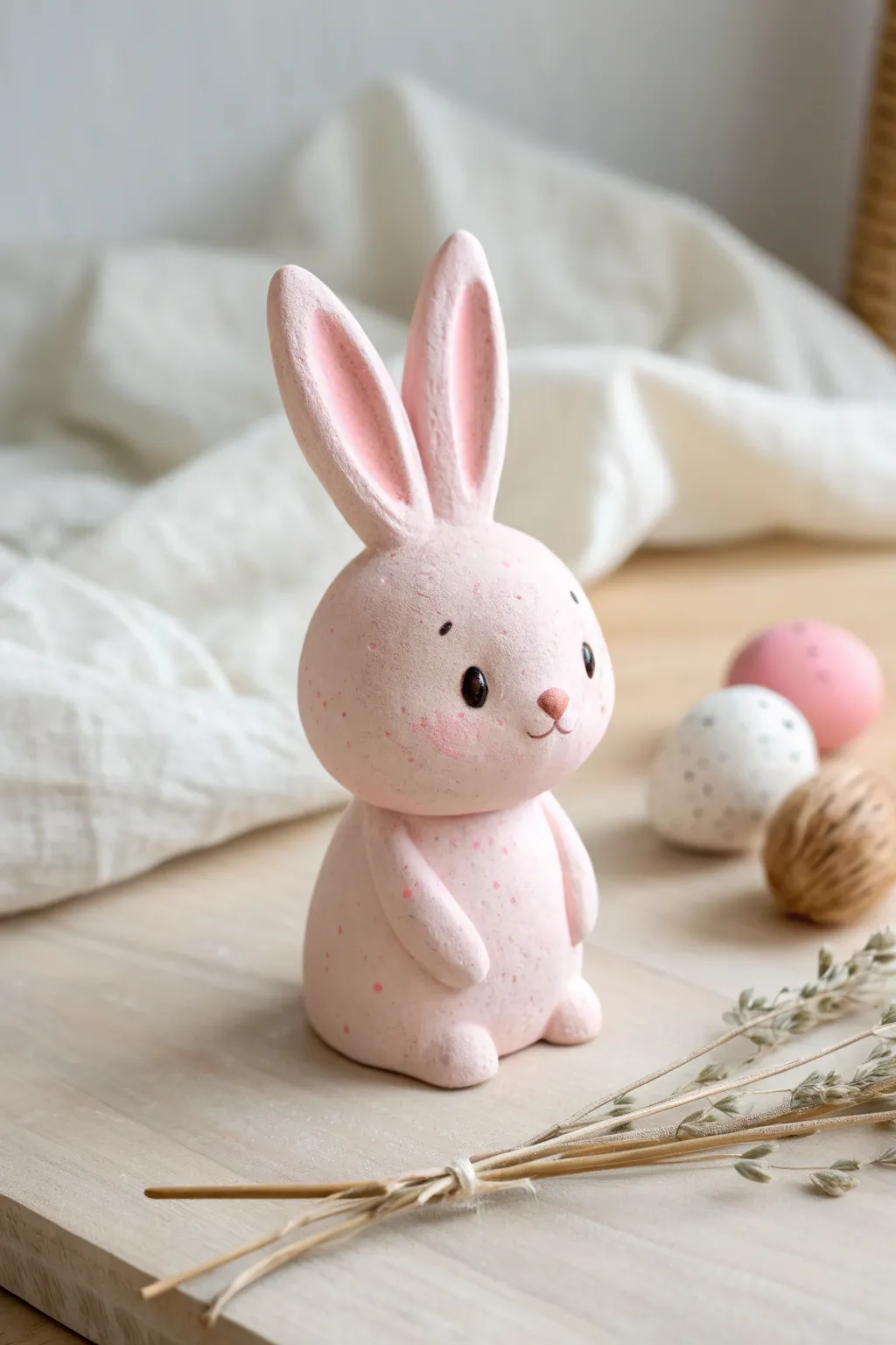 Sweet pastel chibi foam clay bunny, simple to make and perfect for calm minimalist desk decor.