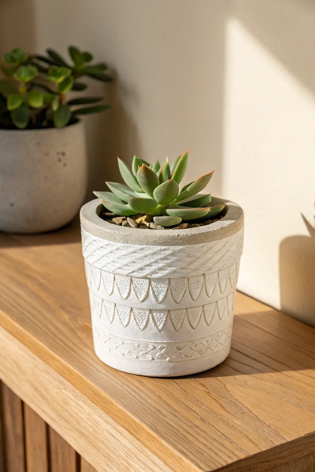 Simple air dry clay planter cover with carved texture, perfect for tiny succulents and shelves