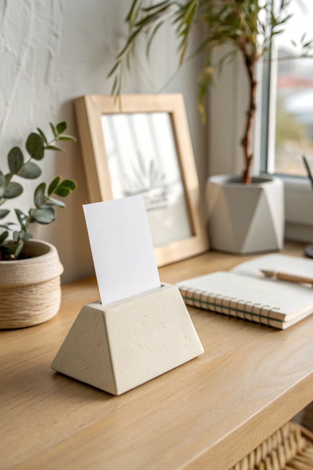 Minimal air-dry clay card stand in soft neutrals, perfect for photos and art cards.