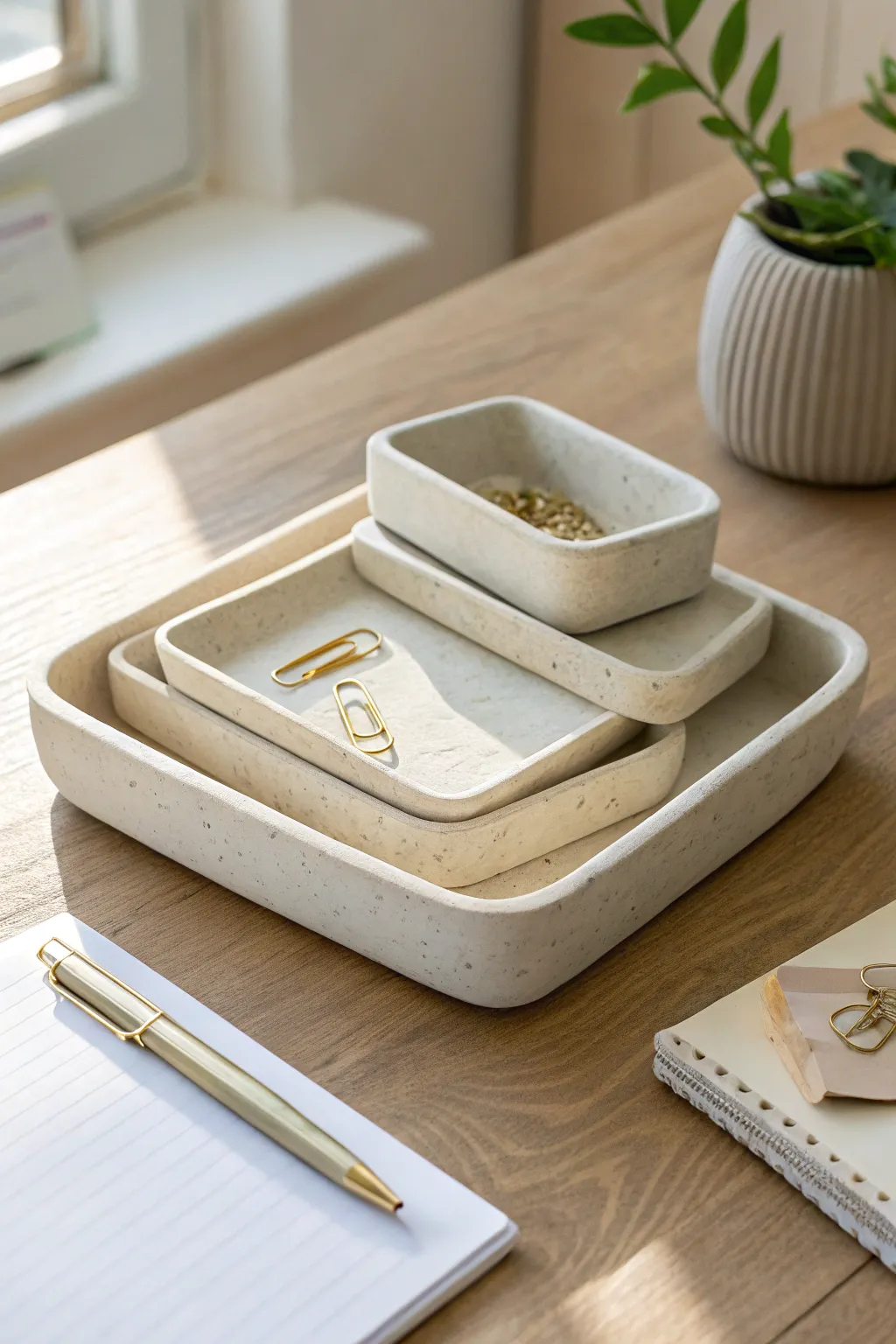 Minimal air-dry clay stackable trays for a calm, tidy desk with a handmade touch