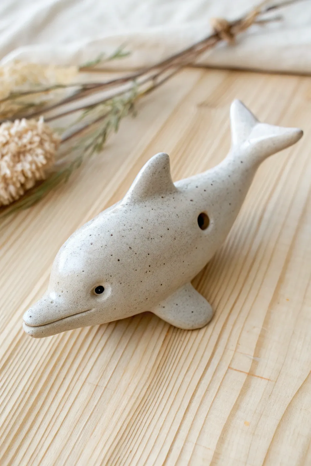 Smooth ceramic dolphin whistle with a hidden tail mouthpiece and clean minimalist curves.