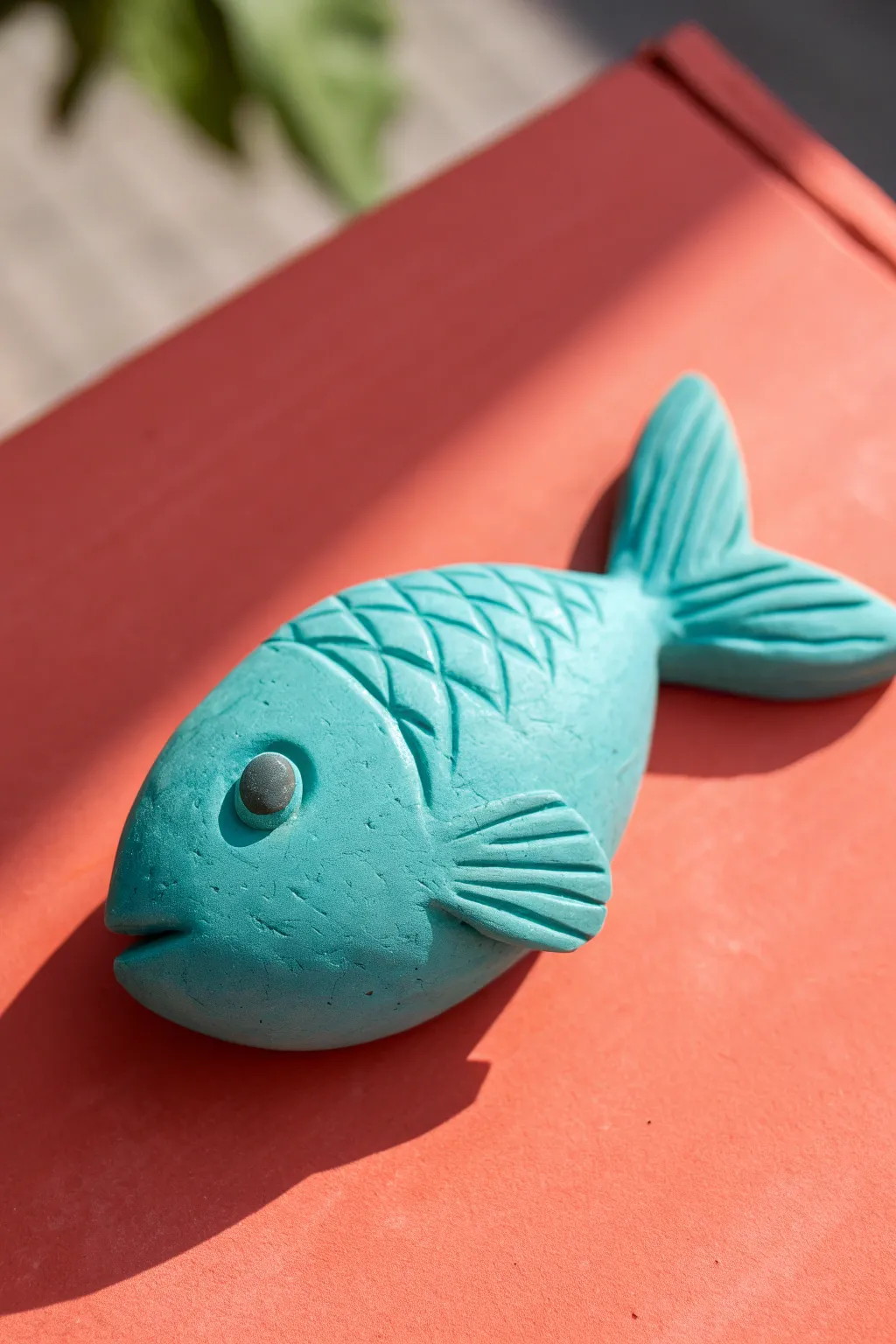 Simple bright clay fish with tiny fins on a bold solid backdrop, clean and beginner-friendly