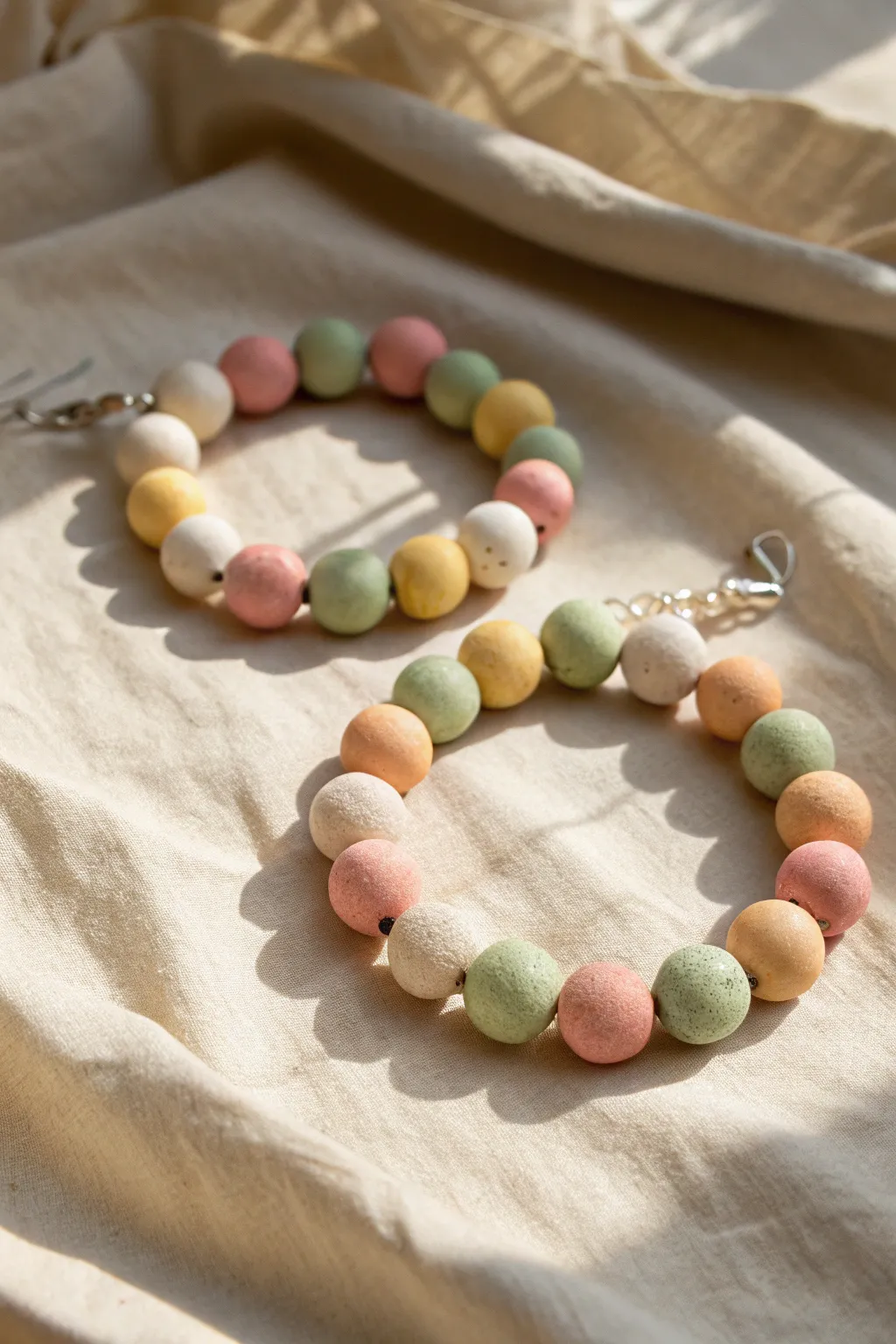 Playful chunky clay bead bracelets in soft pastels, photographed on neutral linen with cozy boho minimalism.