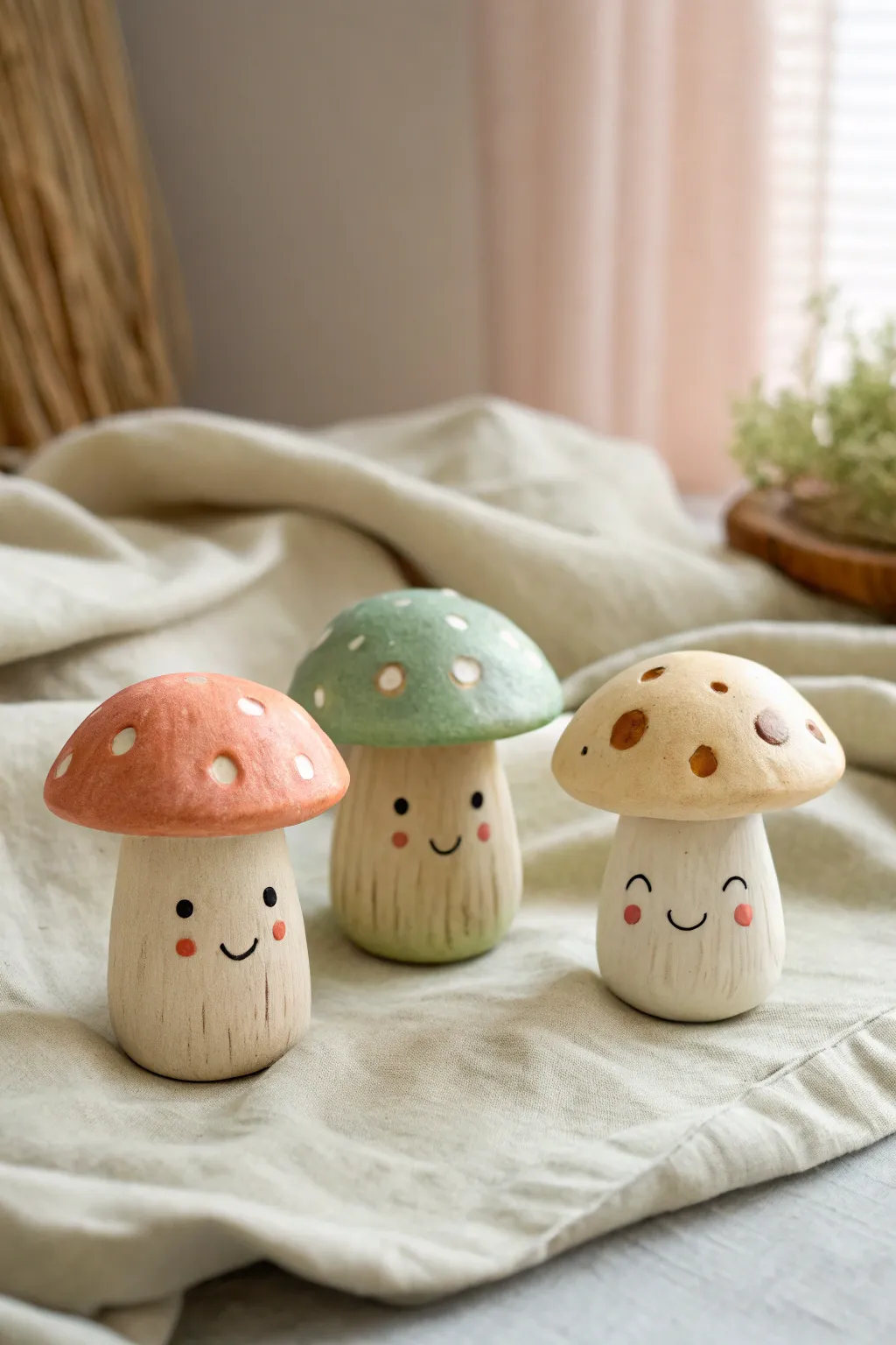 Little mushroom friends in soft clay, minimalist and cute, perfect for easy DIY inspiration