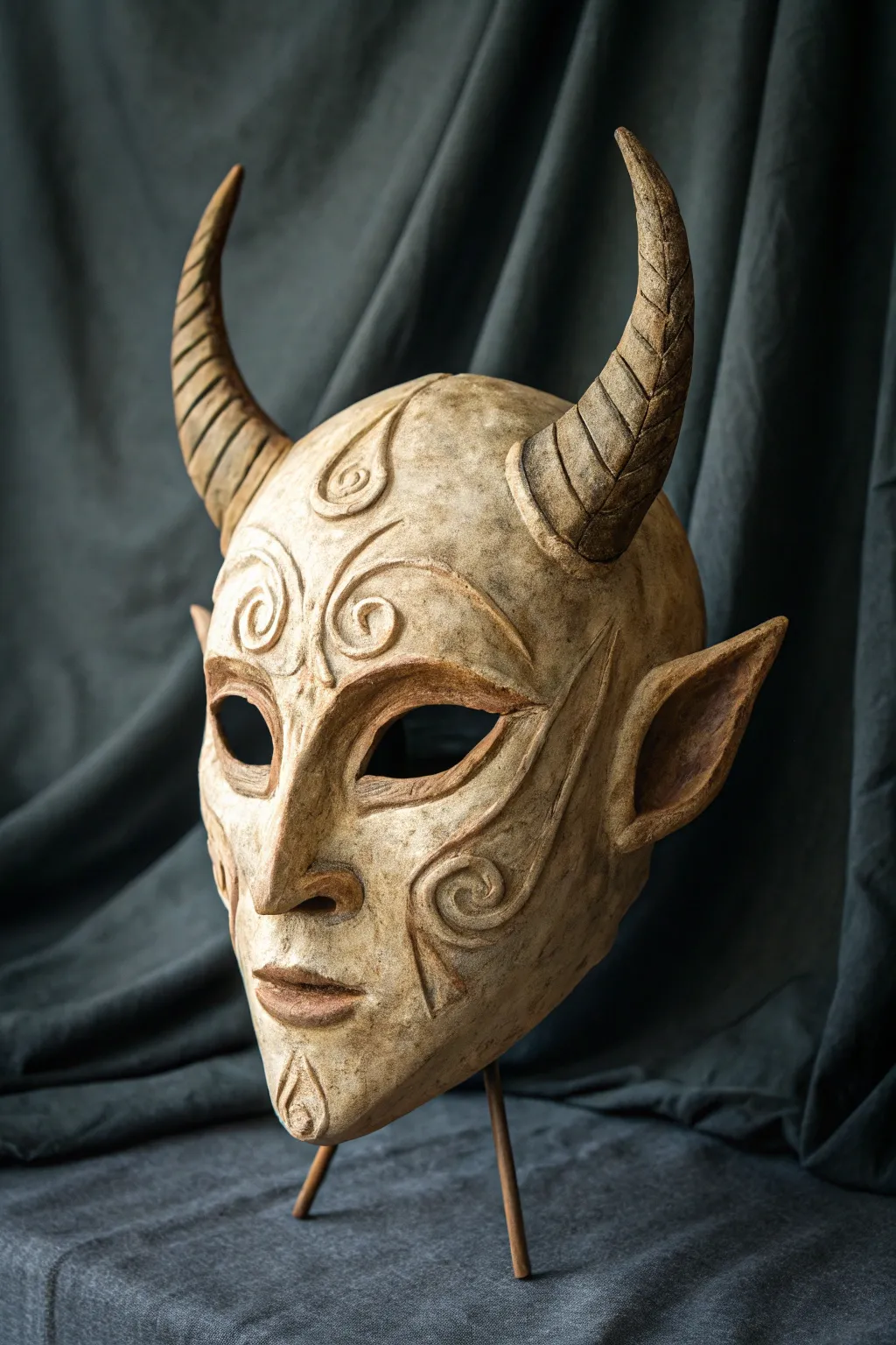 Horned clay fantasy mask with soft texture and bold silhouette on a dark minimalist backdrop.