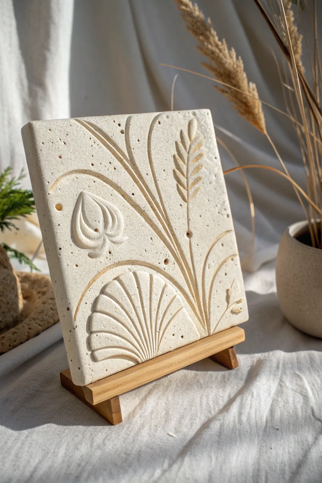 Minimal relief tile with bold raised waves, side-lit to cast crisp shadows and highlight texture