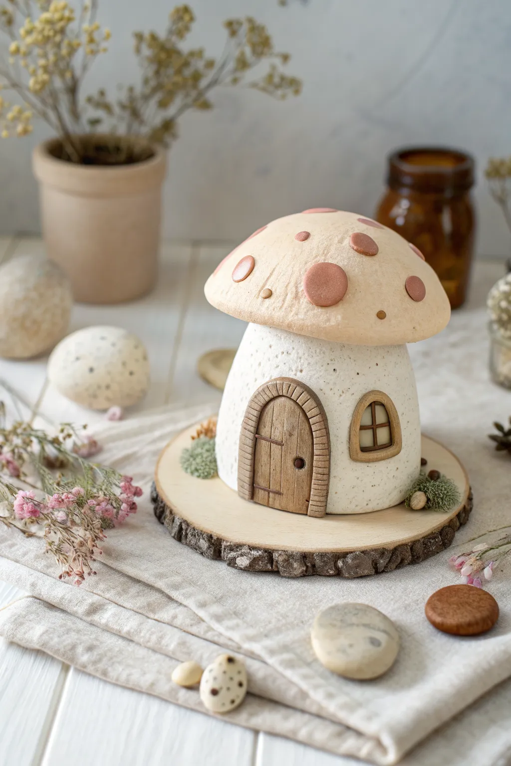Mini clay mushroom cottage diorama with chunky details and cozy neutral tones, clean and cute