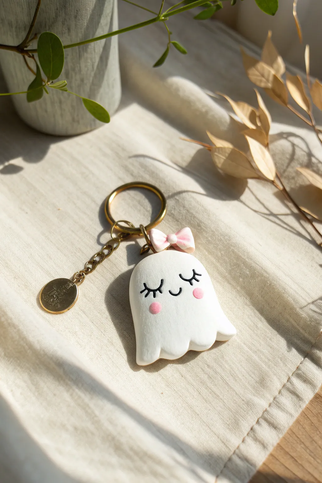 Sleepy ghost keychain in soft white clay with blush cheeks and a tiny bow, minimalist charm.