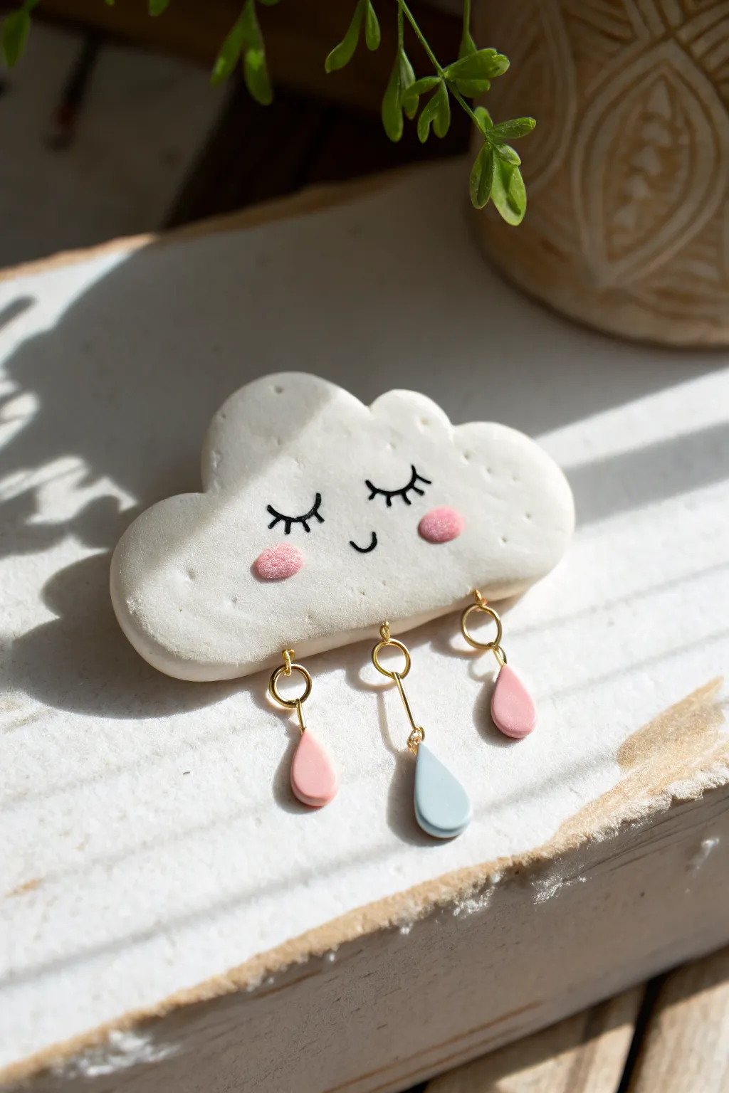 Sleepy cloud pin with pastel raindrop charms, minimalist boho accessory for cute clay inspo