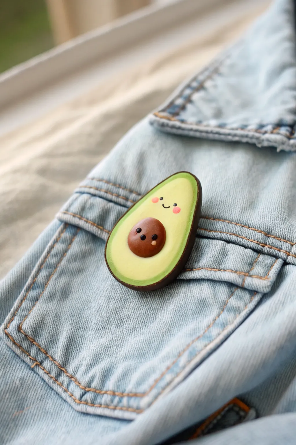 Cute handmade avocado brooch pin styled on denim, minimalist and cozy with a modern boho feel