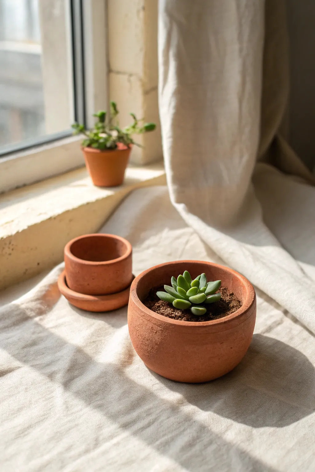 Pinch pot mini planter in baked clay with a tiny succulent, minimalist and handmade.