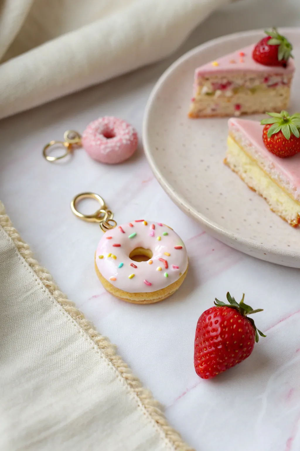 Sweet mini donut charm in bakeable clay, styled in soft pastels with minimalist boho charm.