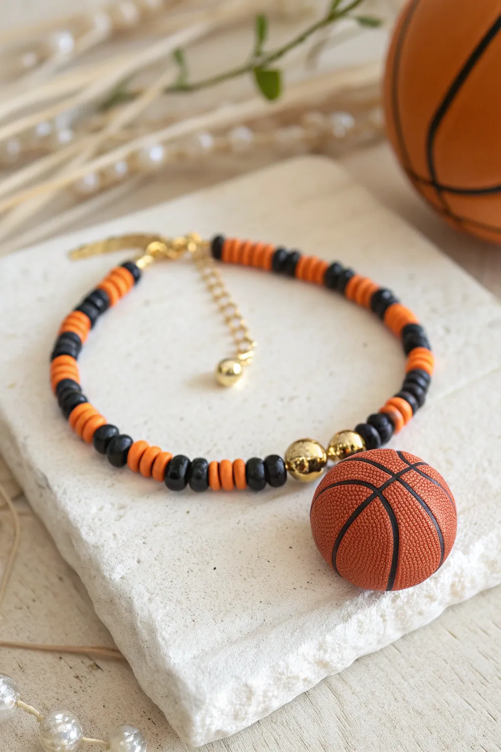 Minimal basketball clay bead bracelet with gold spacer accents and bold orange black contrast