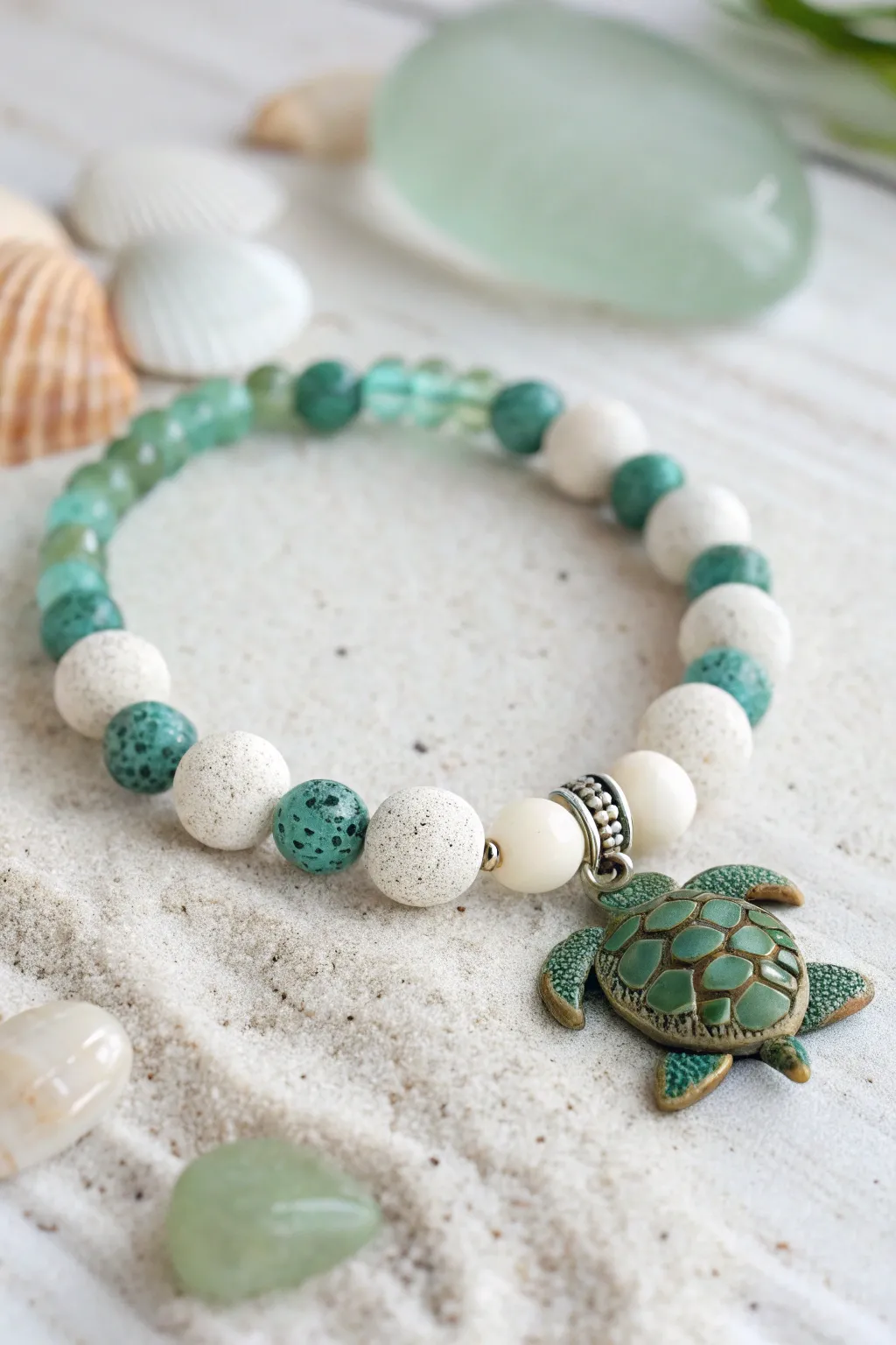 Tropical greens and teal clay beads with a sea turtle focal, styled for a breezy beach vibe