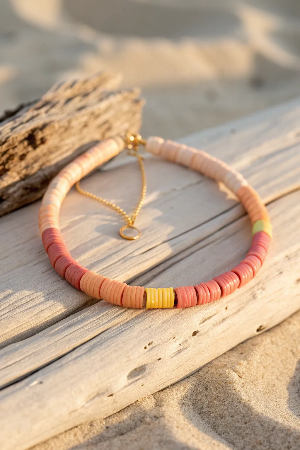 Sunset ombre heishi bracelet in coral to golden yellow, styled on driftwood in warm light