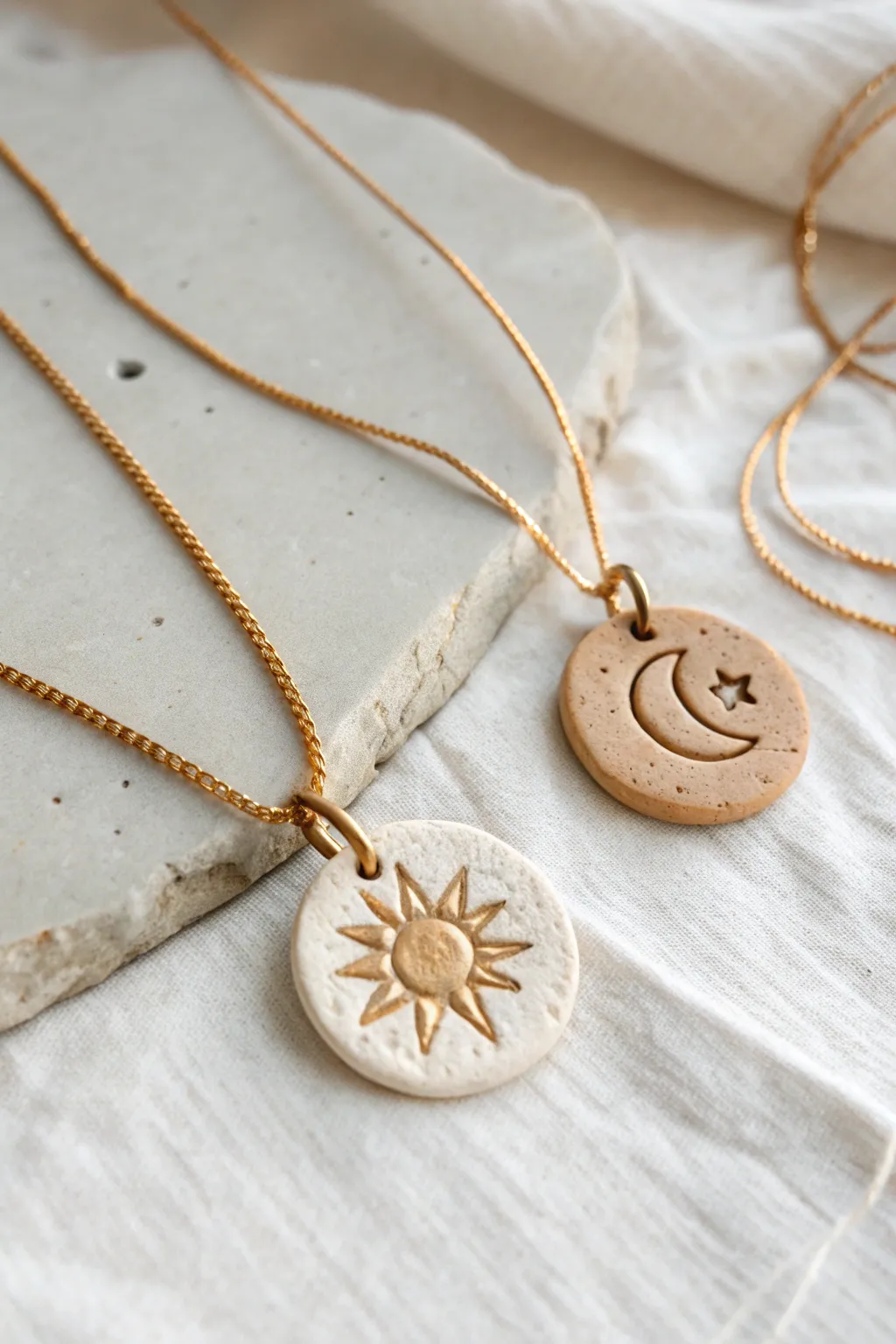 Sun and moon clay best friend pendants in a calm, minimal style with warm natural tones
