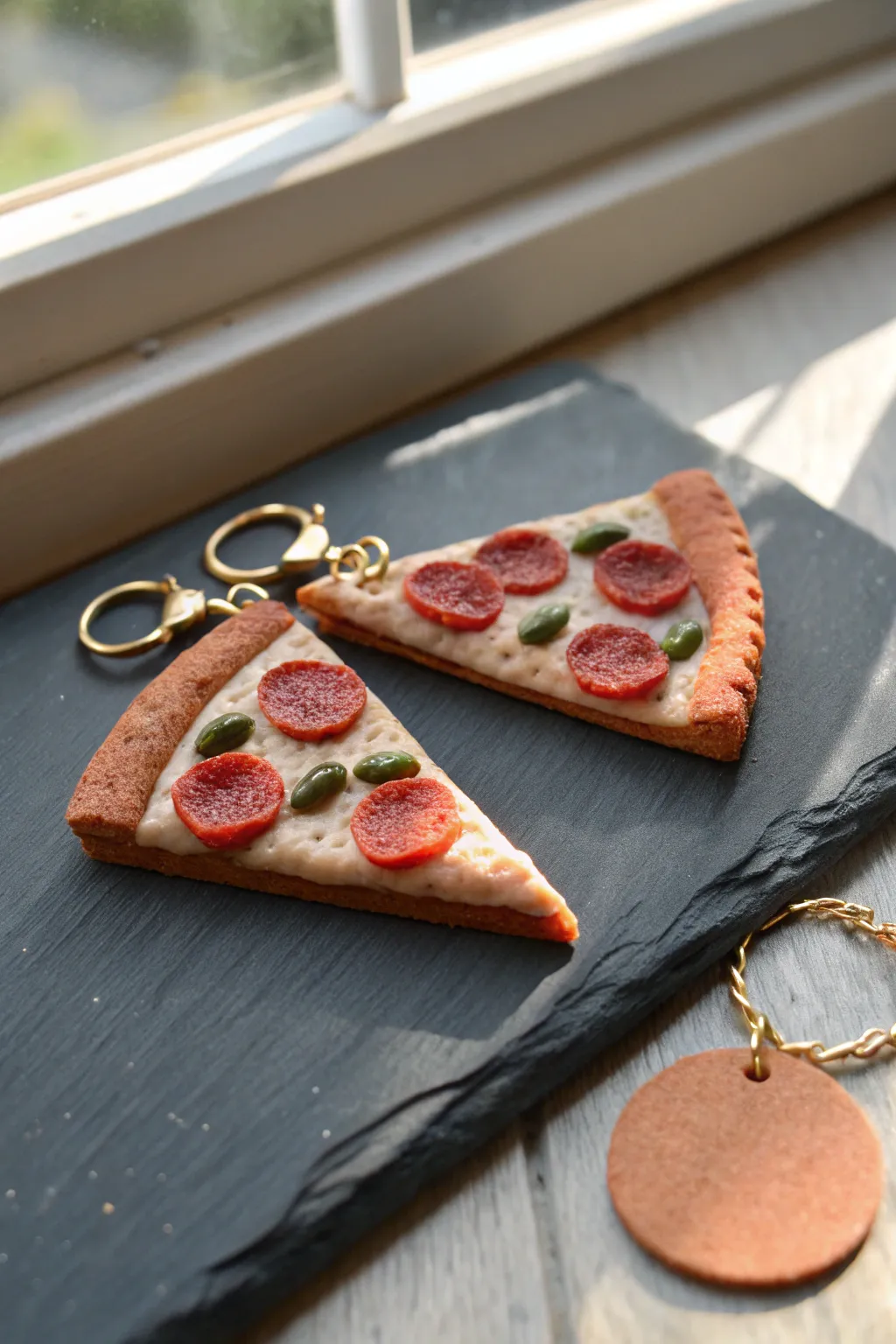 BFF pizza slice charms that fit together like a shared pie, sweet minimalist clay keepsake