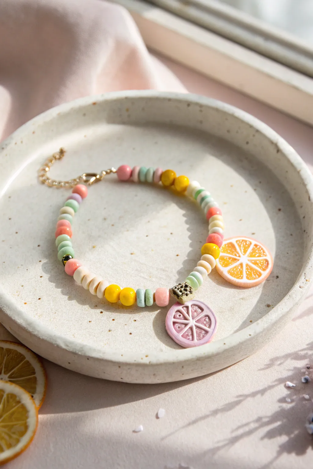Two Sweet fruit-slice clay bead bracelet with playful heishi beads, perfect for birthday parties.
