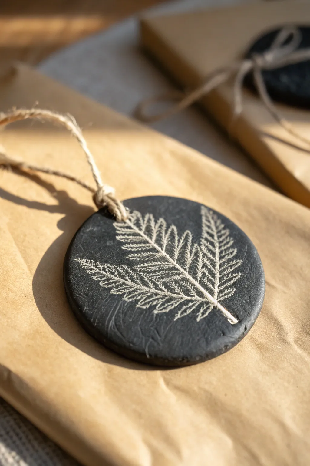 Botanical imprint black clay ornament on kraft paper, simple twine loop and crisp natural texture
