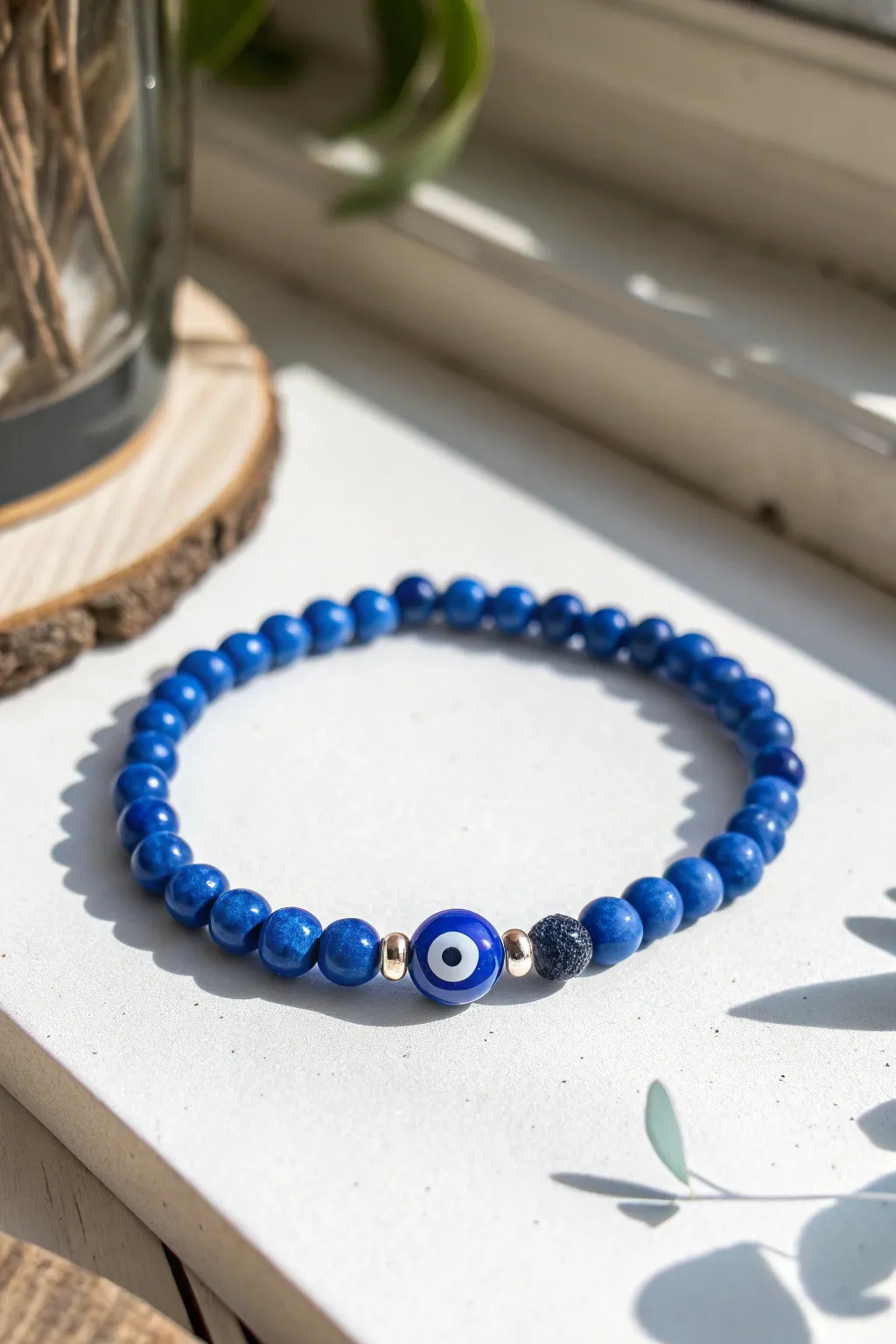 Minimal blue clay bead bracelet with an evil eye centerpiece, clean and calming Scandinavian style.