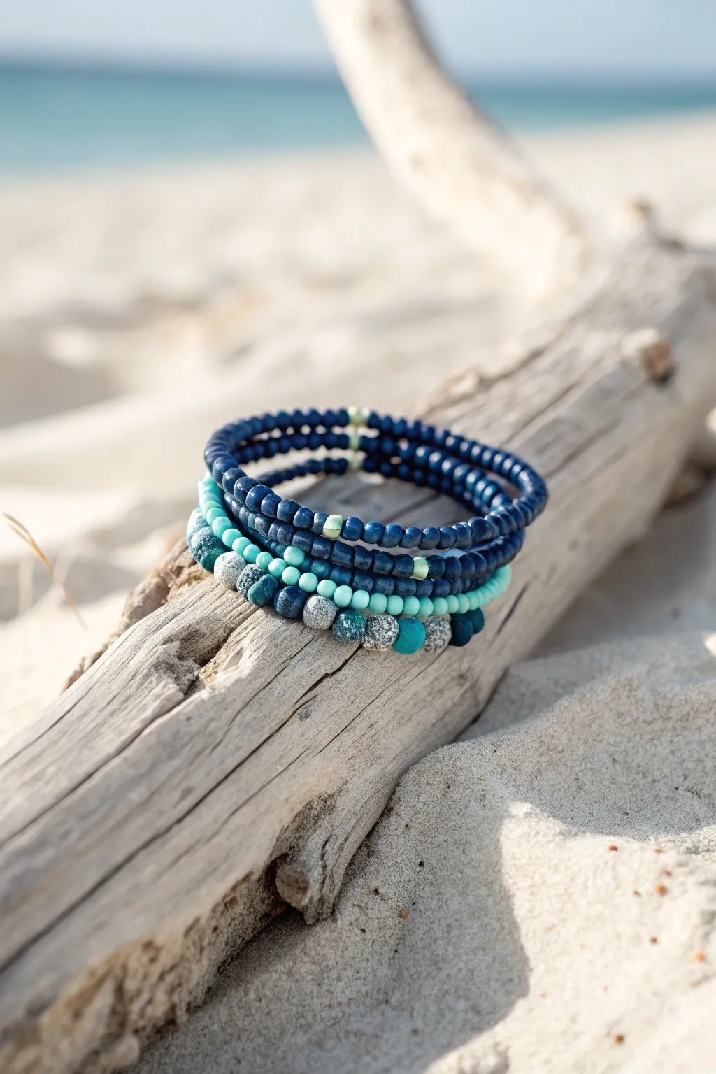 Ocean-inspired blue heishi stack with turquoise pops, sunlit and minimalist coastal style.